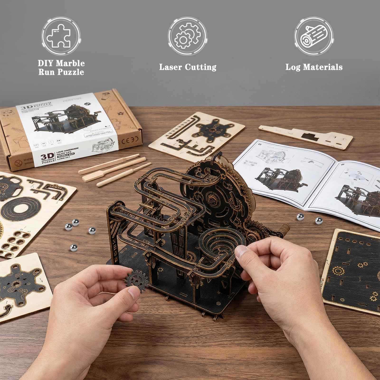 Puzzle in legno 3D per adulti, kit di modellini meccanici per marmi da costruire, puzzle in legno fai da te con 6 biglie d'acciaio, regali di compleanno unici per donne e uomini