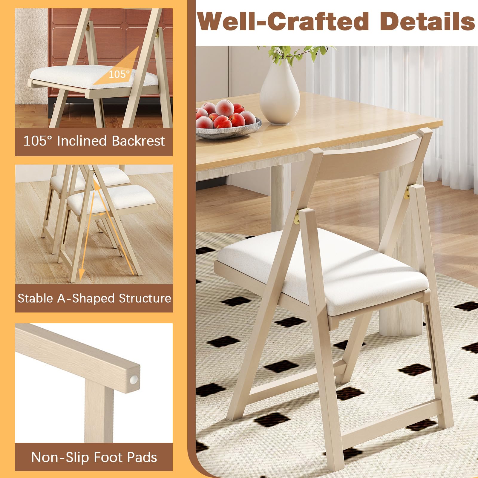 GIANTEX Set di 2 sedie pieghevoli, imbottite, con telaio in legno di gomma e schienale inclinato, per cucina, soggiorno e balcone (beige)