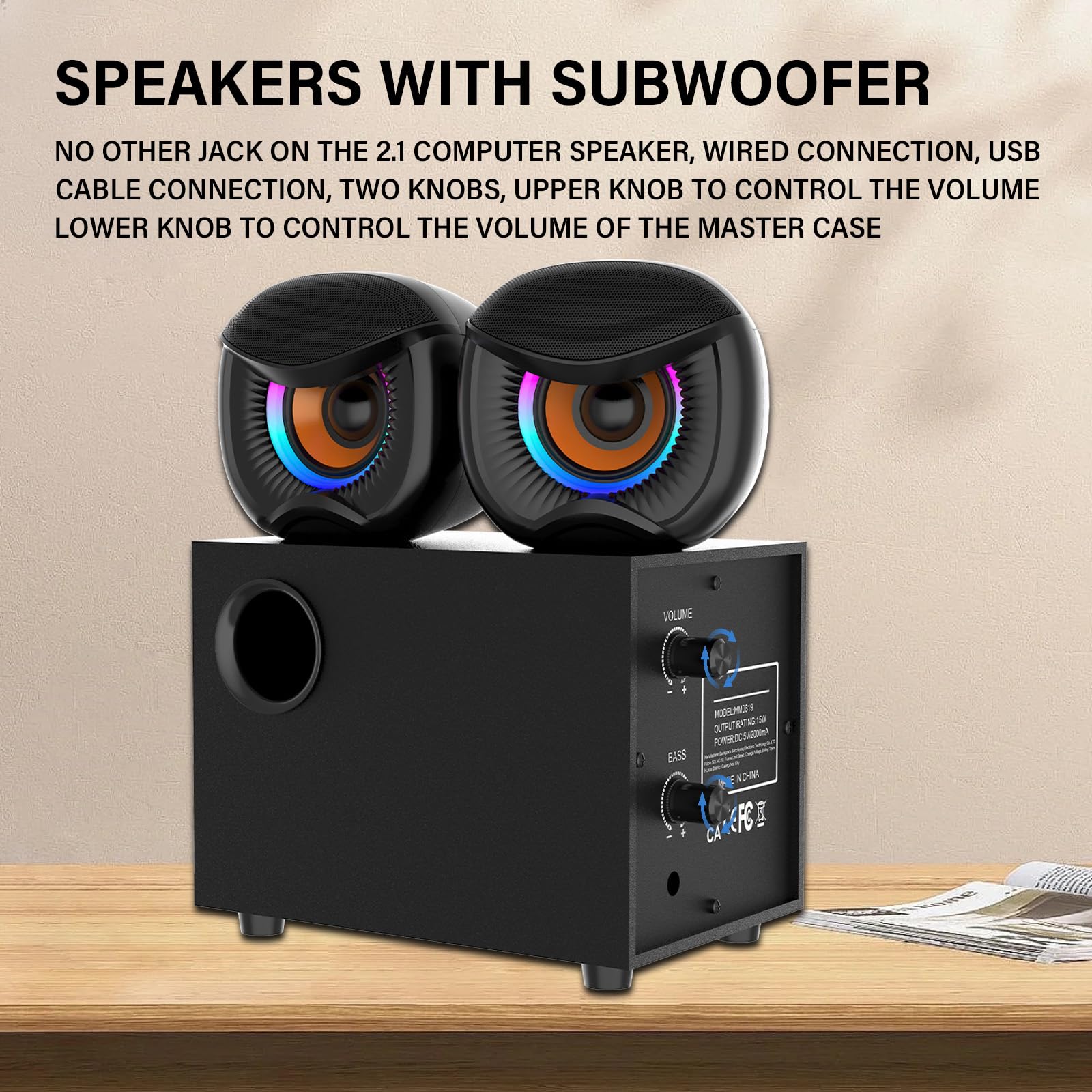 Altoparlanti per computer 2.1, sistema stereo da gioco con subwoofer RGB, altoparlanti ausiliari da 3,5 mm alimentati via USB cablati per PC, laptop, tablet, telefoni - nero