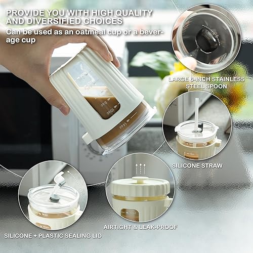 Miniatura 5 de PUNLUXU - Frascos de avena para la noche con cuchara y tapa de 16 oz (paquete de 2), recipiente hermético con marca de medición, de vidrio, tapa