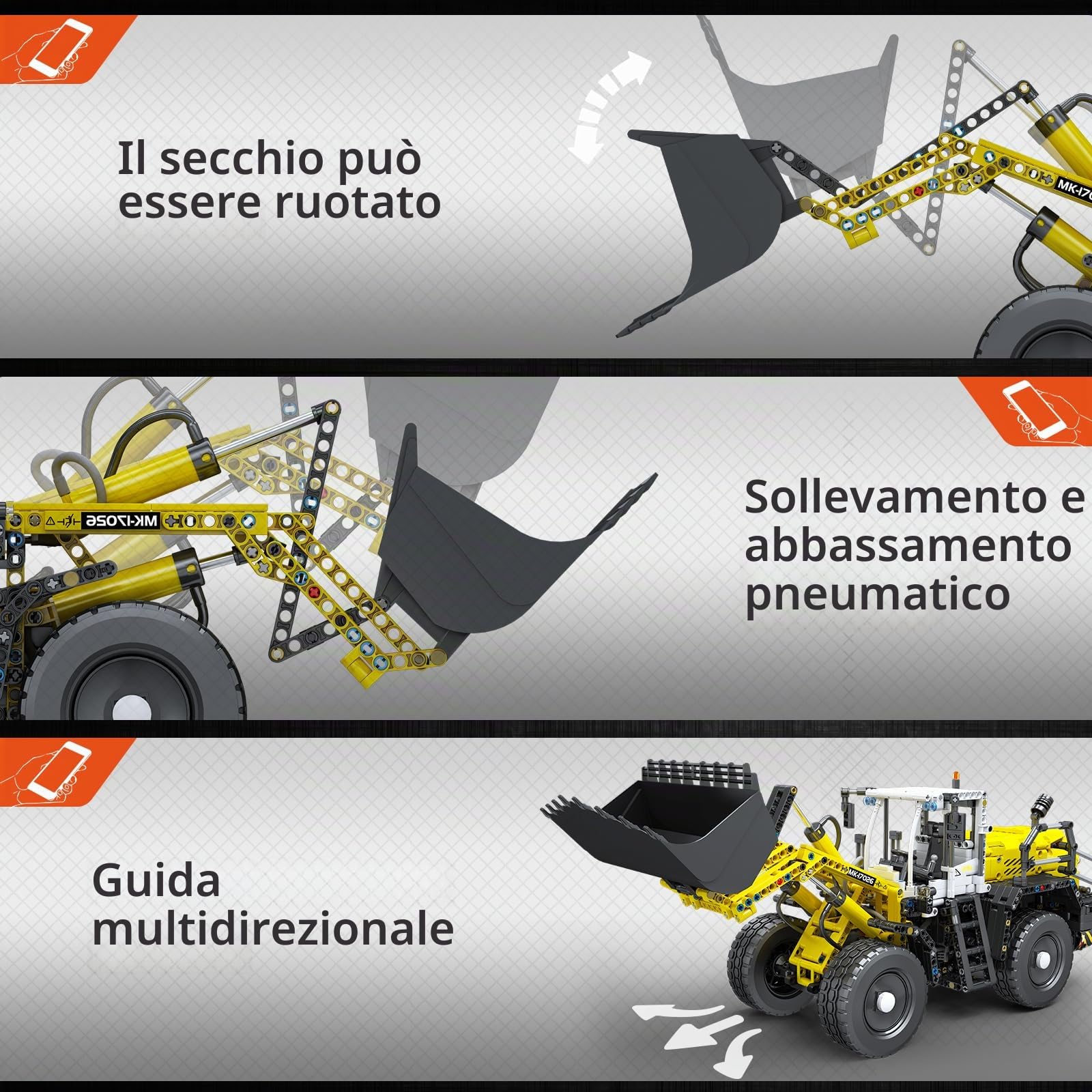 Mould King 17026 Bulldozer pneumatico tecnico L550 Modello Building Blocks, telecomandato con motori, mattoni da costruzione motorizzati per caricatori idrostatici, giocattoli di ingegneria STEM per