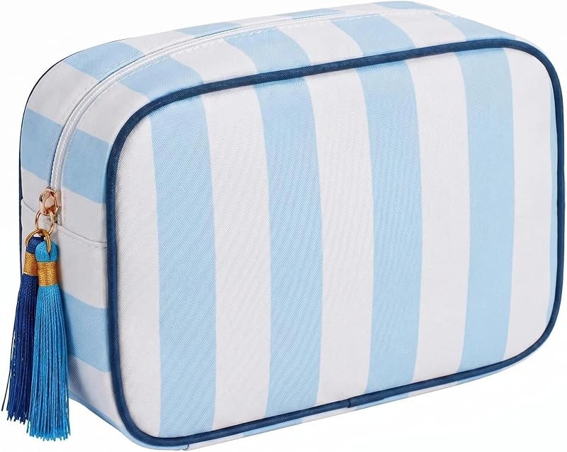 Necessaire de maquiagem listrada Jrotiro com enchimento interno, zíper com tassel e formato estruturado, Blue White, Pacote com 1