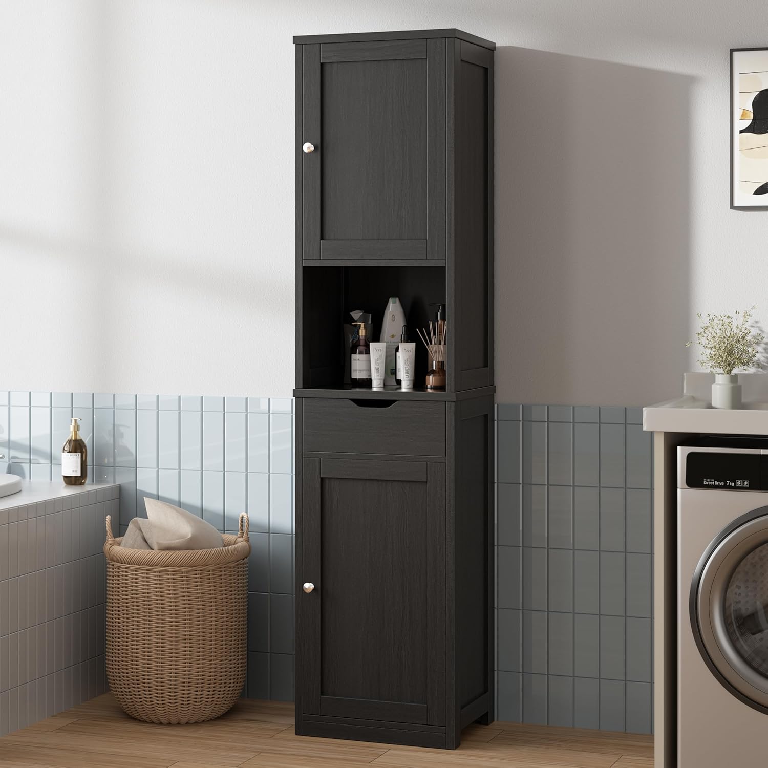 Walsunny tall black bathroom storage cabinet with doors and drawer