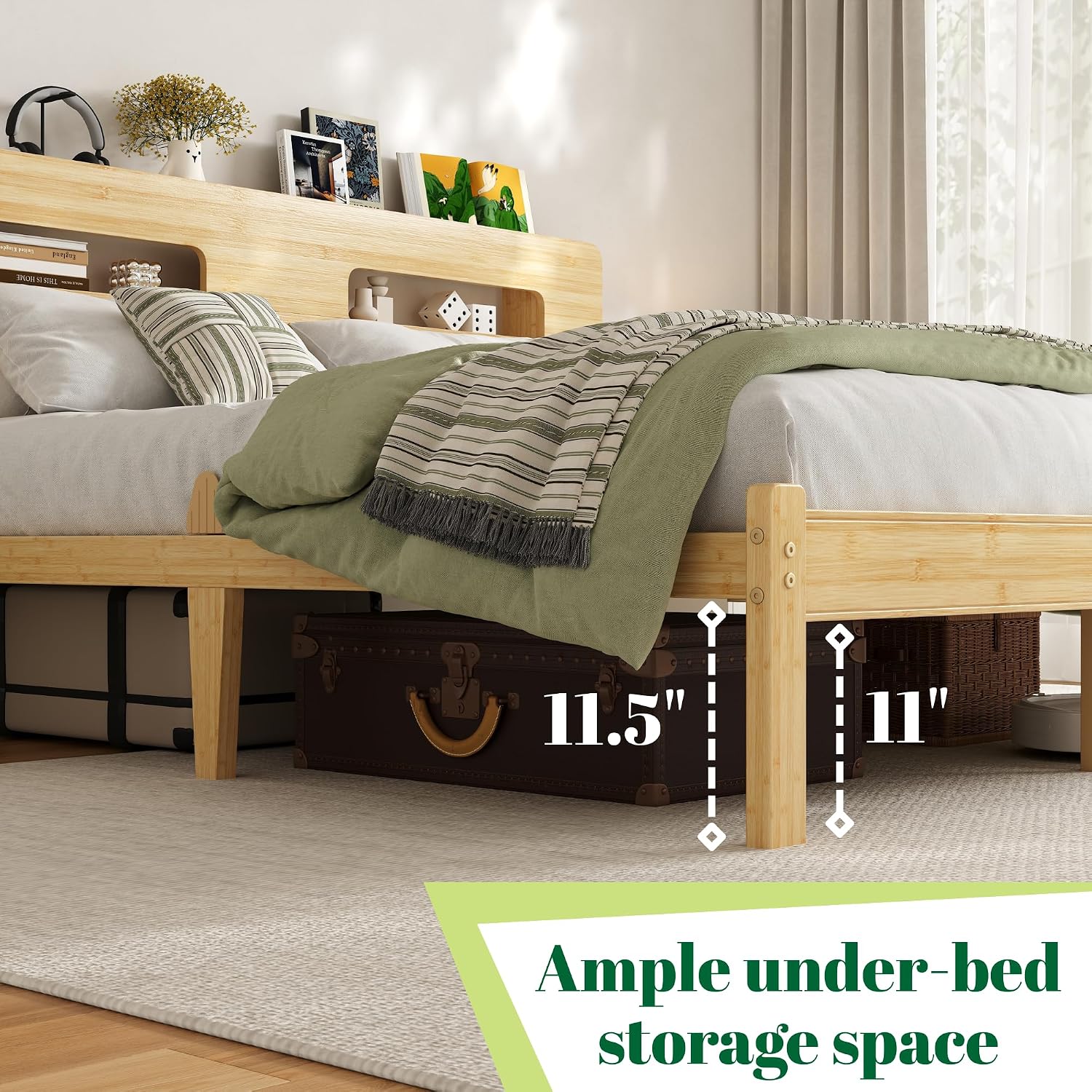 Askeld Wood Twin XL Bed Frame with Storage Shelf Headboard, 12 Inch High Bamboo Platform Bed No Box Spring Needed, Mid-Century Heavy Duty Bedframe, Easy Assembly, Noise Free