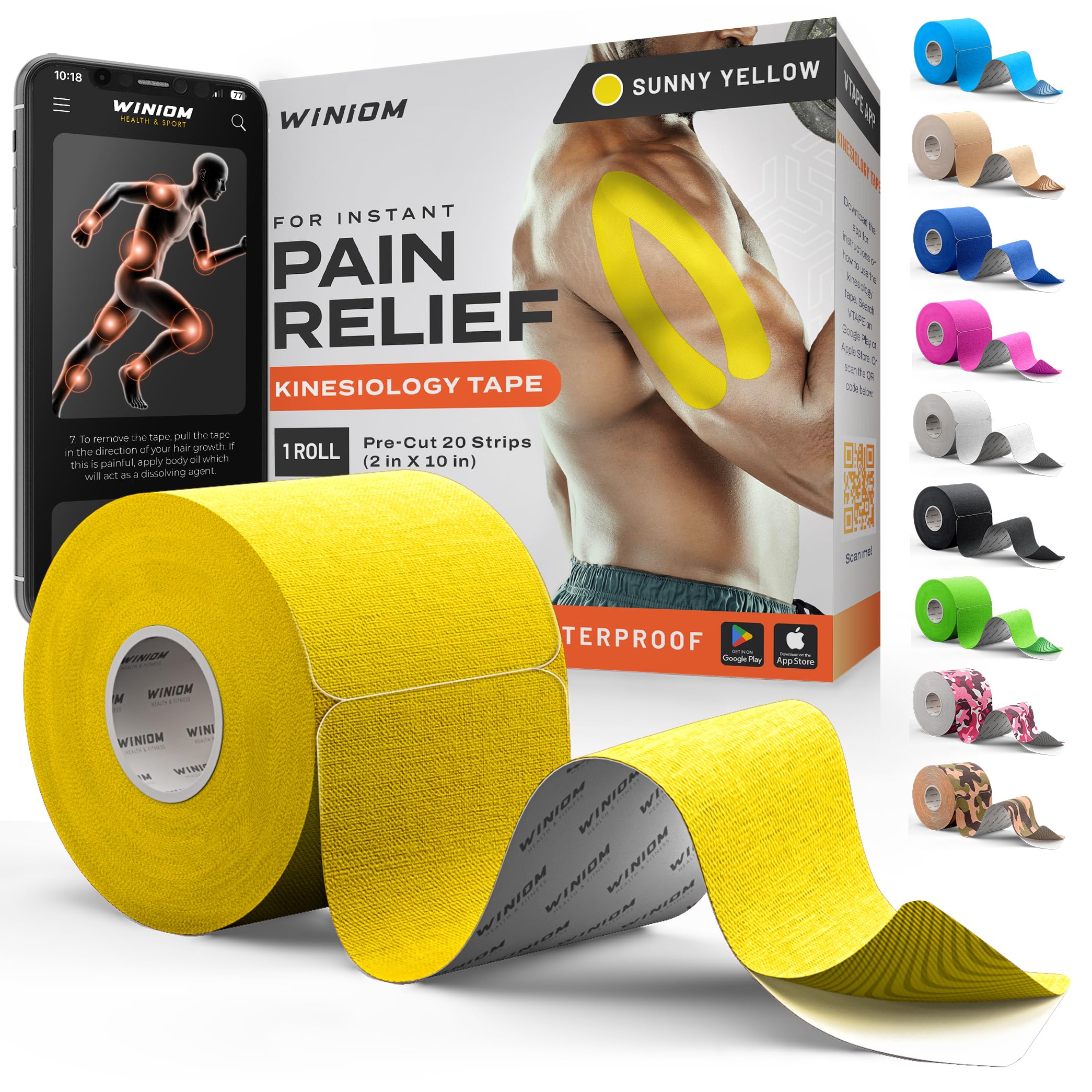 Cinta De Kinesiología: Soporte Increíble Para Deportes Atléticos Y Recuperación + Guía De Vendaje Gratuita - Precortada 2" 16,4 Pies(Amarillo Soleado + Guía De Vendaje Gratuita, 1 Paquete) 16,4