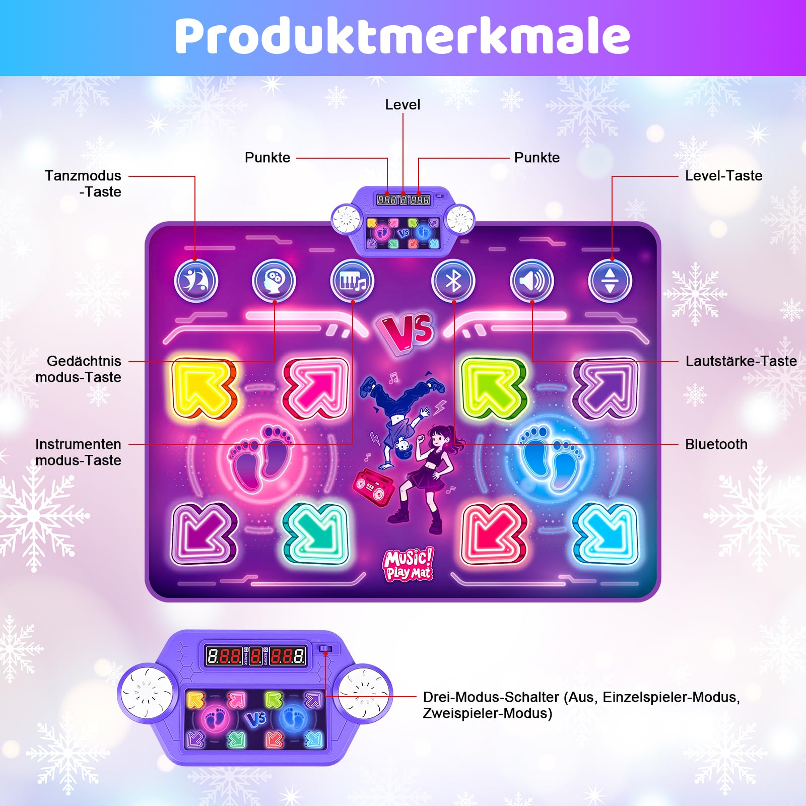 GuKKK Tanzmatte Kinder Spielzeug Geschenke 3-12 Jahre, Beleuchtete Musikmatte, Tanzmatte mit Musik Bluetooth 6 LED Leuchten, Weihnachten Geburtstags Spielzeug ab 3 4 5 6 7 8 9+ Jahre Mädchen Junge