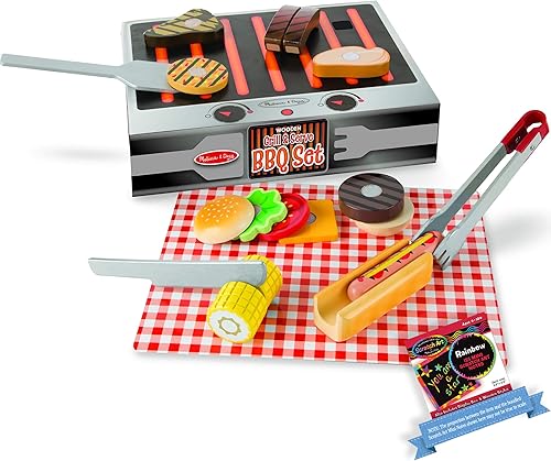 Melissa Doug Juego de barbacoa para parrilla y servir juego de comida de madera y 1 paquete de minialmohadilla de arte para rascar 09280
