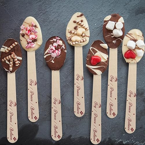Miniatura 10 de Umigy 100 cucharas de madera desechables de 5.5 pulgadas, cucharas de madera desechables de Navidad con patrón de cuchara de madera para chocolate