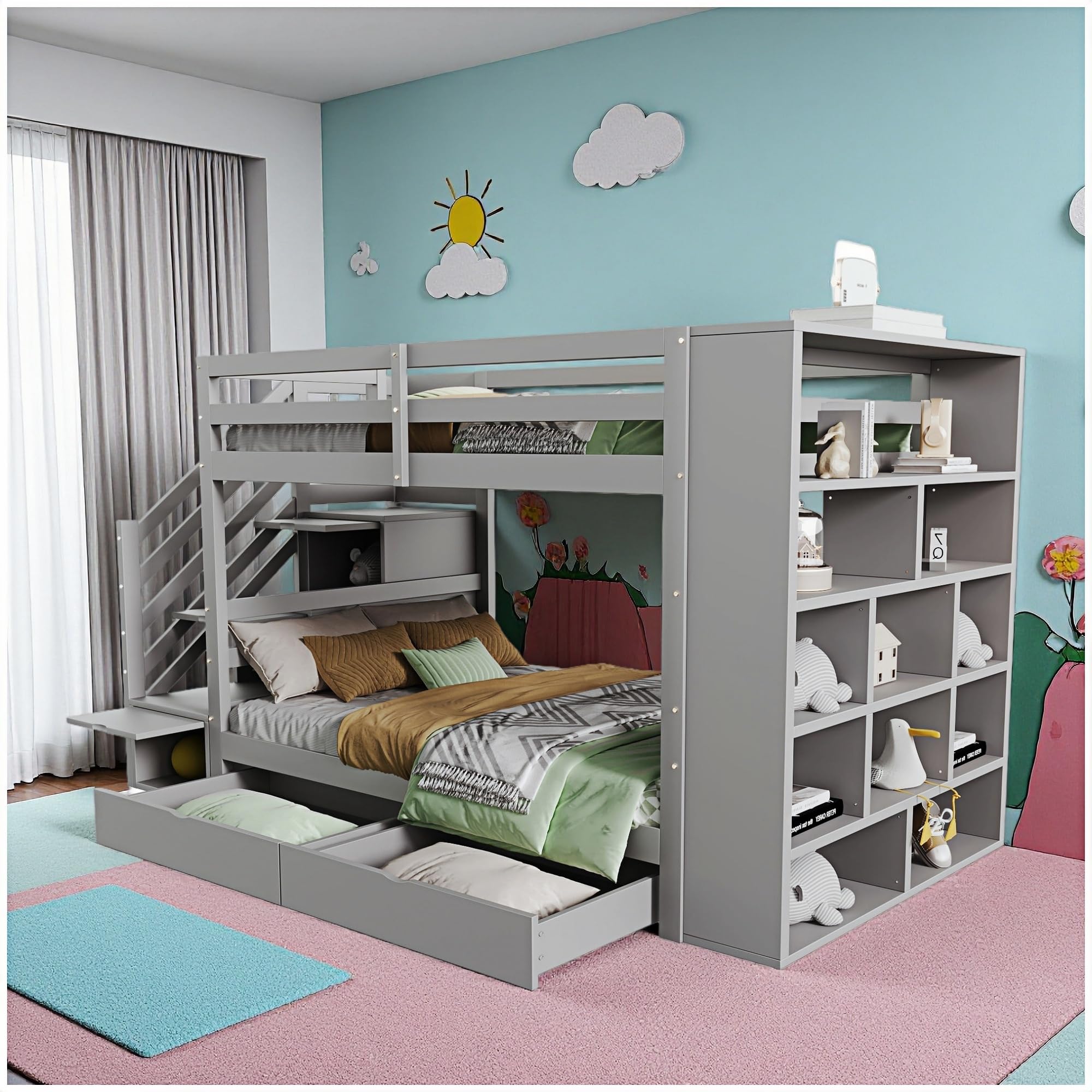 Litera de 90 x 200 cm, con escalera integrada con contenedor, dos cajones, amplio armario contenedor y barra de seguridad alta, cama de pino, apta para niños y jóvenes (gris)