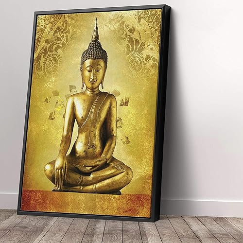 Lienzo decorativo para pared con estatua de Buda de oro y dios zen, decoración del hogar (30 x 45 pulgadas, marco negro moderno)