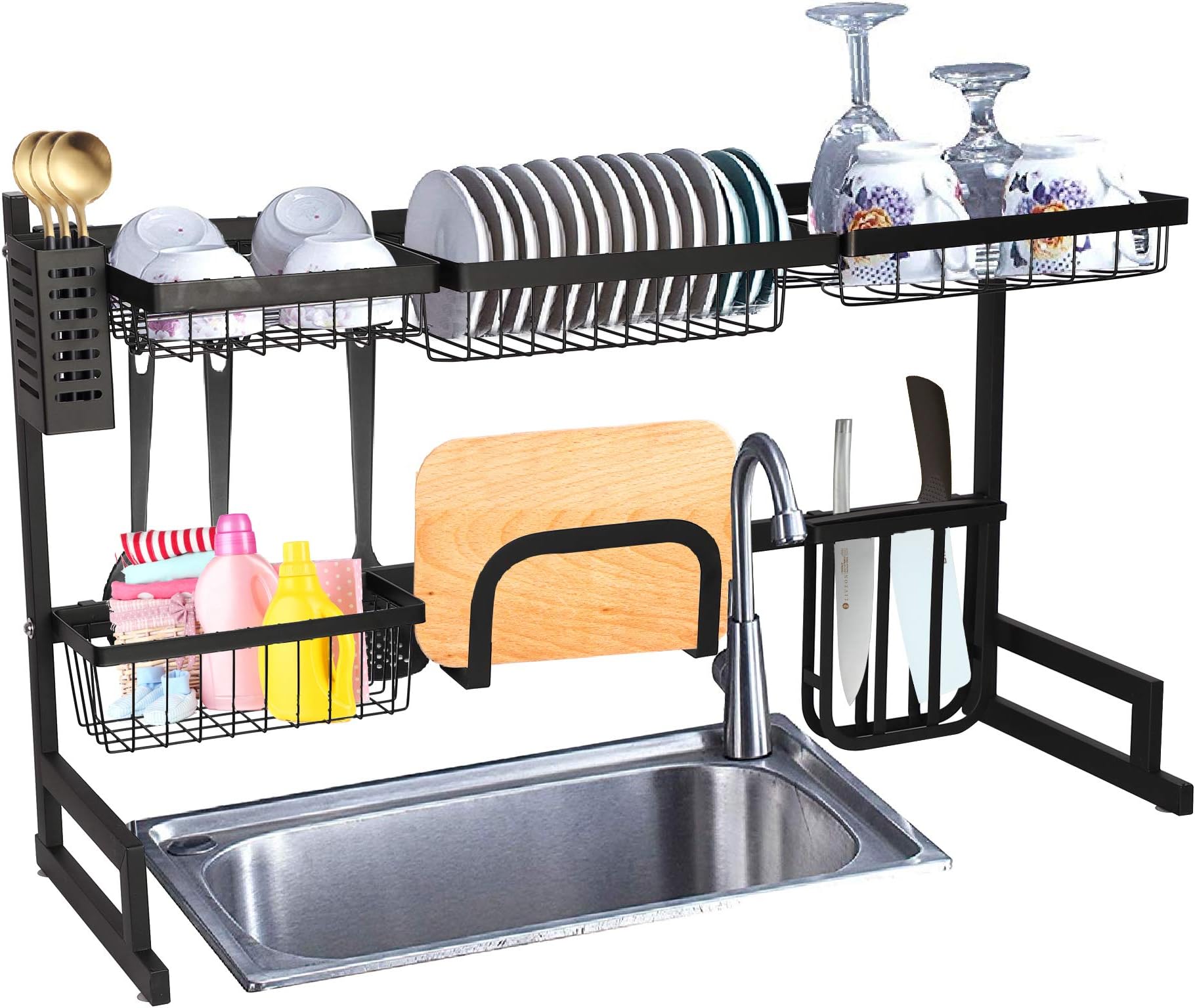 Over Sink Dish Drying Rack, 2 Tier Dish Drying Rack for 33.4", Versatile Dish Drainer Rack, Utensils Holder Kitchen Counter Storage Organizer, Countertop Space Saver, Stainless Steel