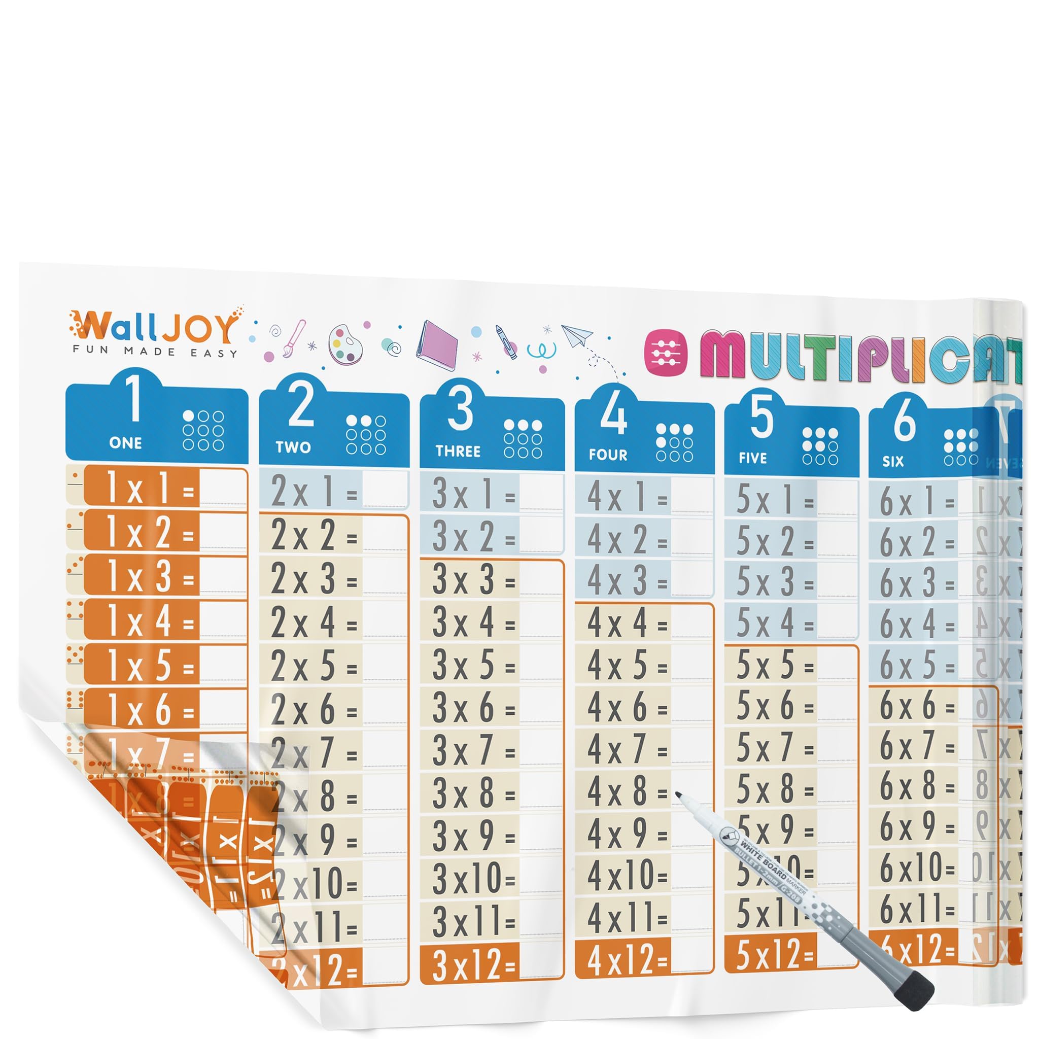 WallJOY Large Dry Erase Multiplication Chart – 39.4x16” Educational Dry Erase Color Multiplication for Kids, Reusable Multiplication Table, Clear