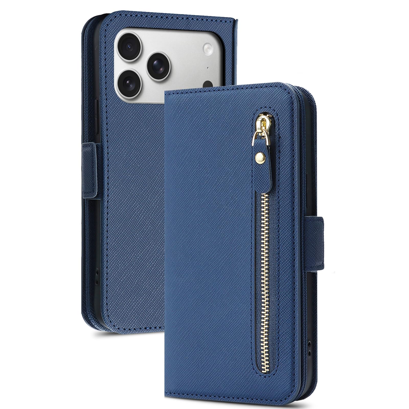 MFAOSHI Crossbody Case for iPhone 17 Pro Max/17 Pro/17 Air/17, Zipper Wallet Flip Leather Cover with Makeup Mirror Kickstand Function Case,Blue,17 Pro