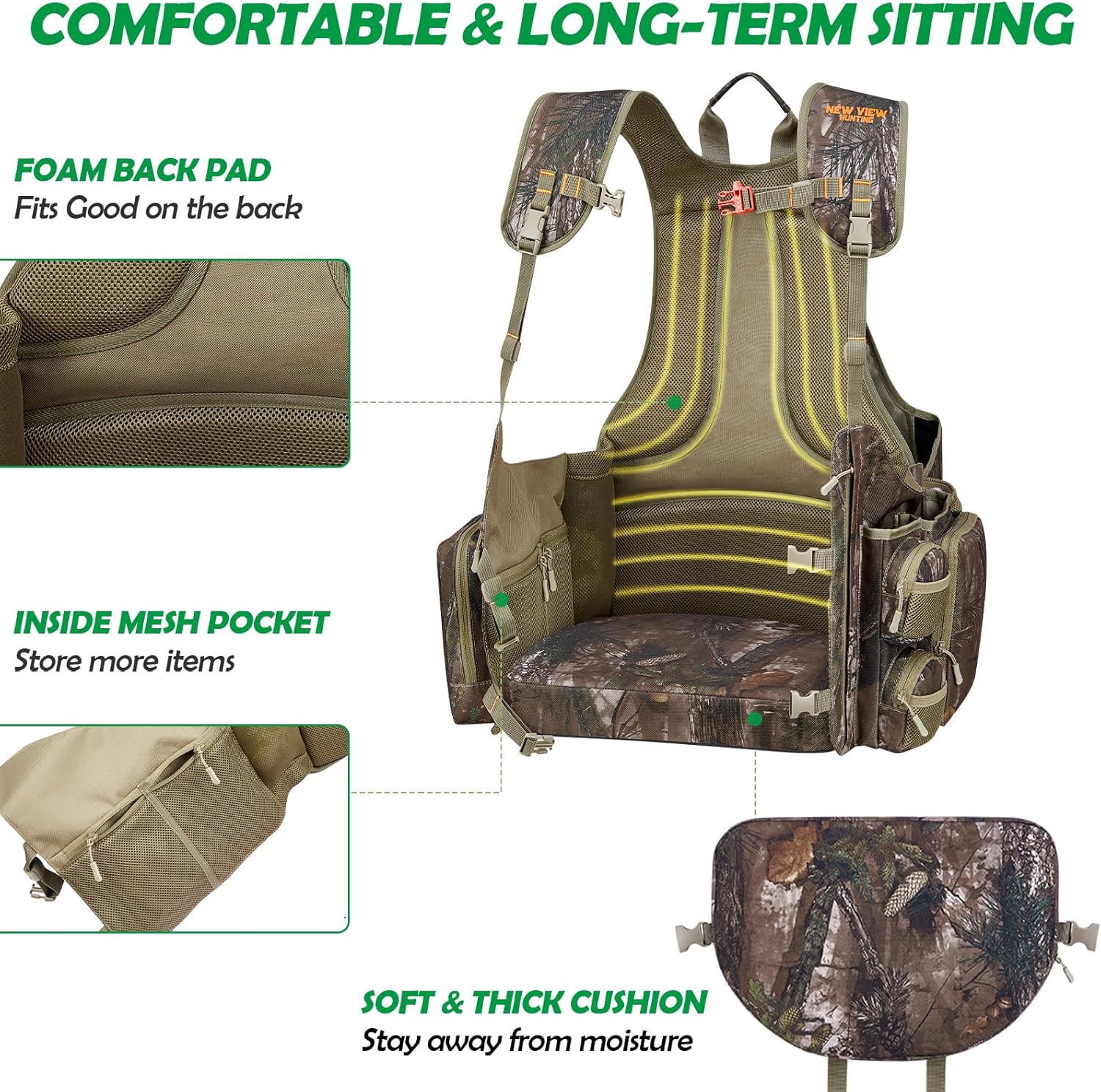 NEW VIEW Turkey Vest with Seat, Adjustable Comfortable Turkey Hunting Vest, Removable Cushion, Game Bag, 20 Pockets, for Turkey Hunters