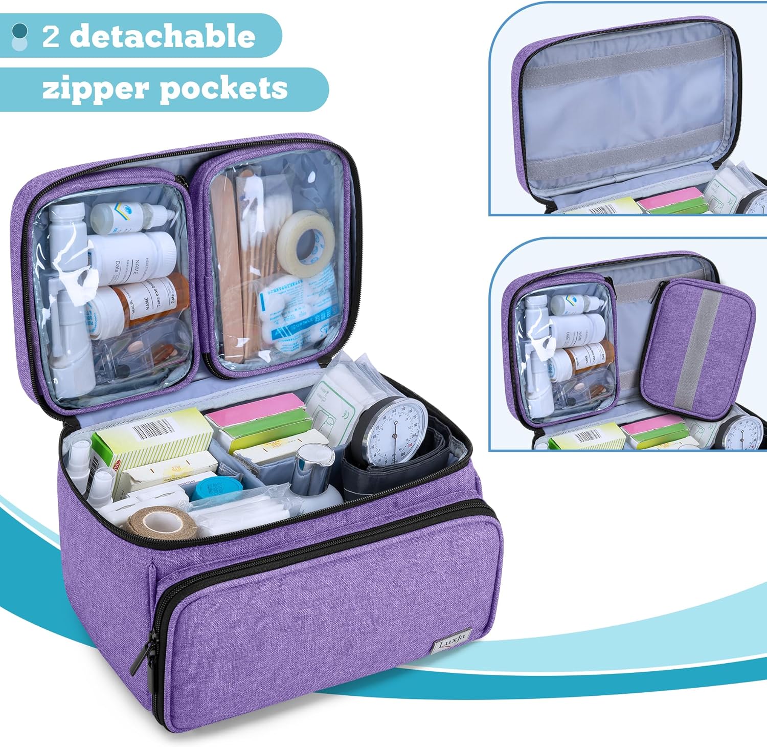 LUXJA Medicine Bag with 2 Detachable Clear Pouches, Pill Bottle Organizer with Detachable Dividers (Suitable for Home or Travel Use), Purple - Image 2