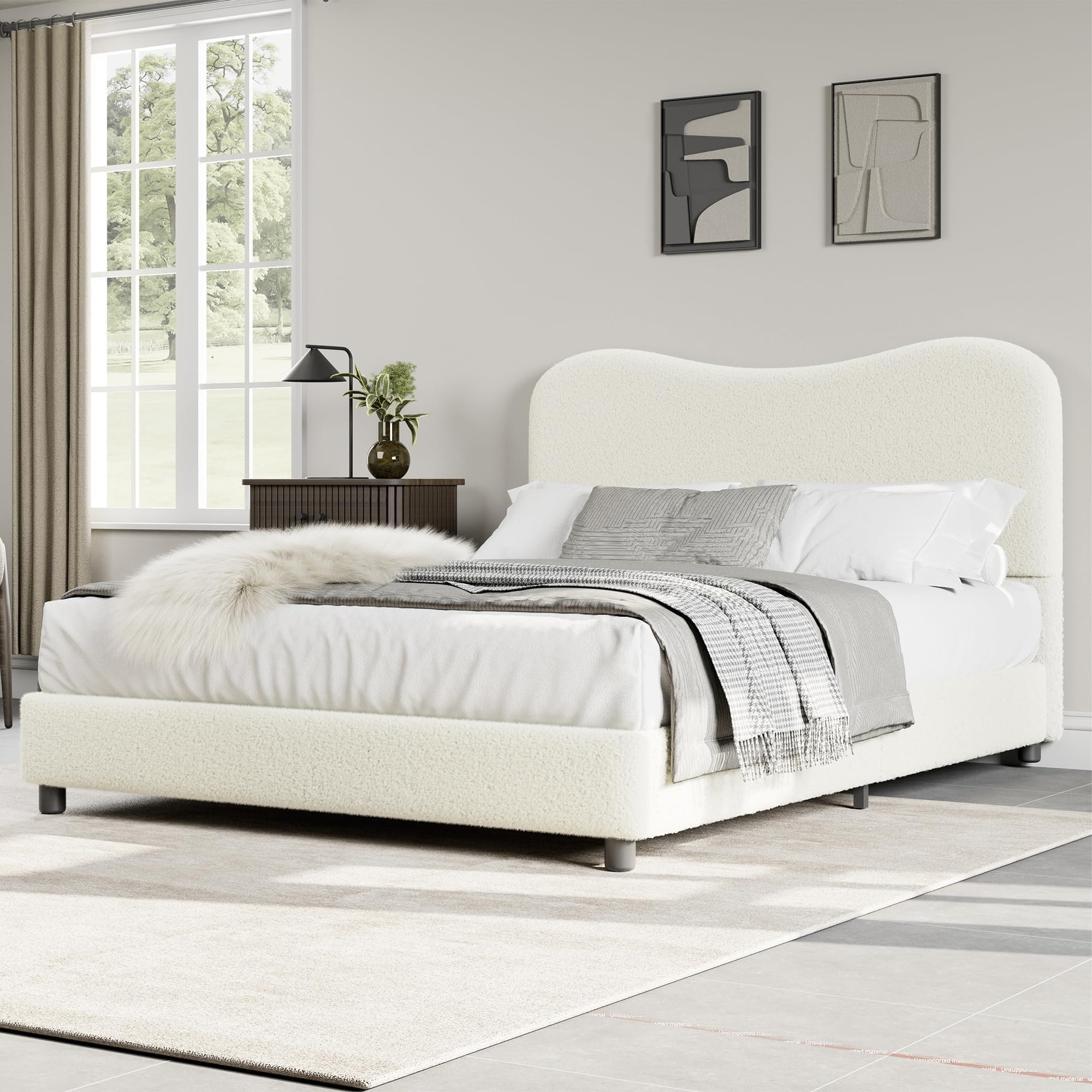 Boucle Queen BedFrame for Kids with Upholstered Headboard, Low Profile Sturdy Platform Bed with Soft Boucle Fabric for Girls and Boys, Heavy Duty, Wooden Slats, Noise Free, No Box Spring Needed, Beige