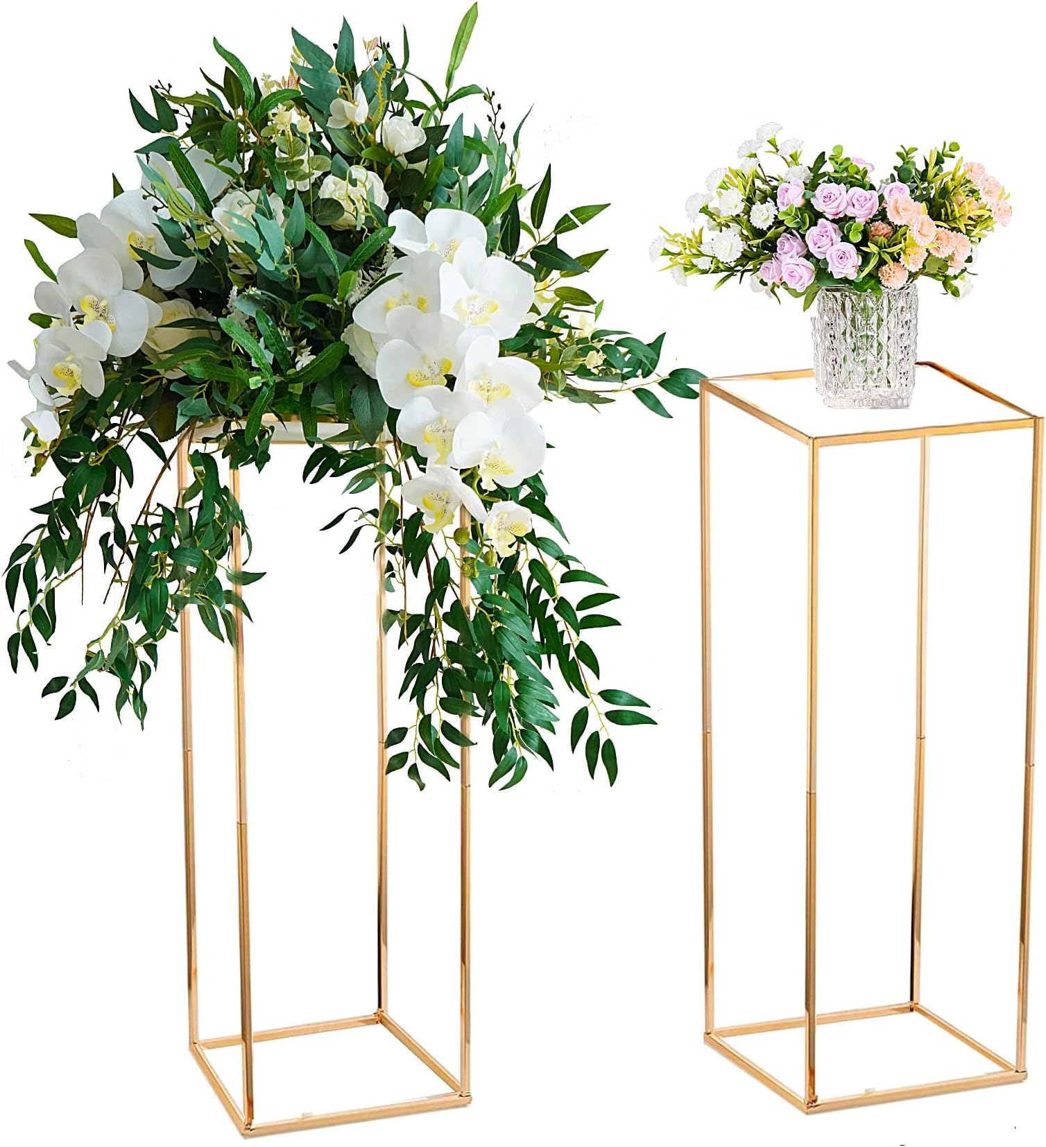 Gold Vases for Centerpieces Wedding with Acrylic Panel Set of 2 Geometric Metal 80cm Tall Flower Stand for Table Decoration Column Display Stand for Wedding Centrepieces Table Party Home Decor