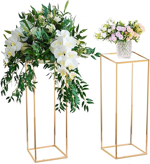 Gold Vases for Centerpieces Wedding with Acrylic Panel Set of 2 Geometric Metal 80cm Tall Flower Stand for Table Decoration Column Display Stand for Wedding Centrepieces Table Party Home Decor