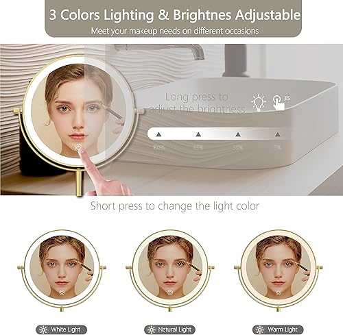 Miniatura 10 de Espejo de maquillaje iluminado de 8 pulgadas, espejo de aumento 1X10X con luz, espejo regulable de doble cara, recargable, brillo y altura