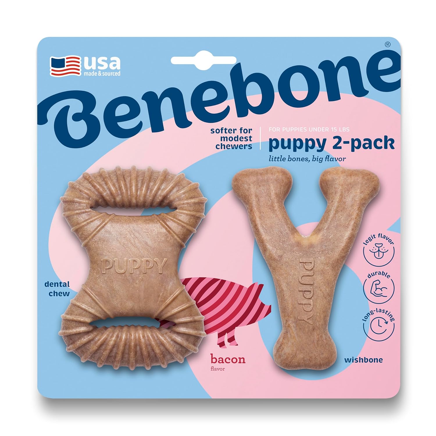 Benebone Puppy 2-Pack Dental Chew Wishbone Dog Chew Toys Made in USA Real Bacon Flavor