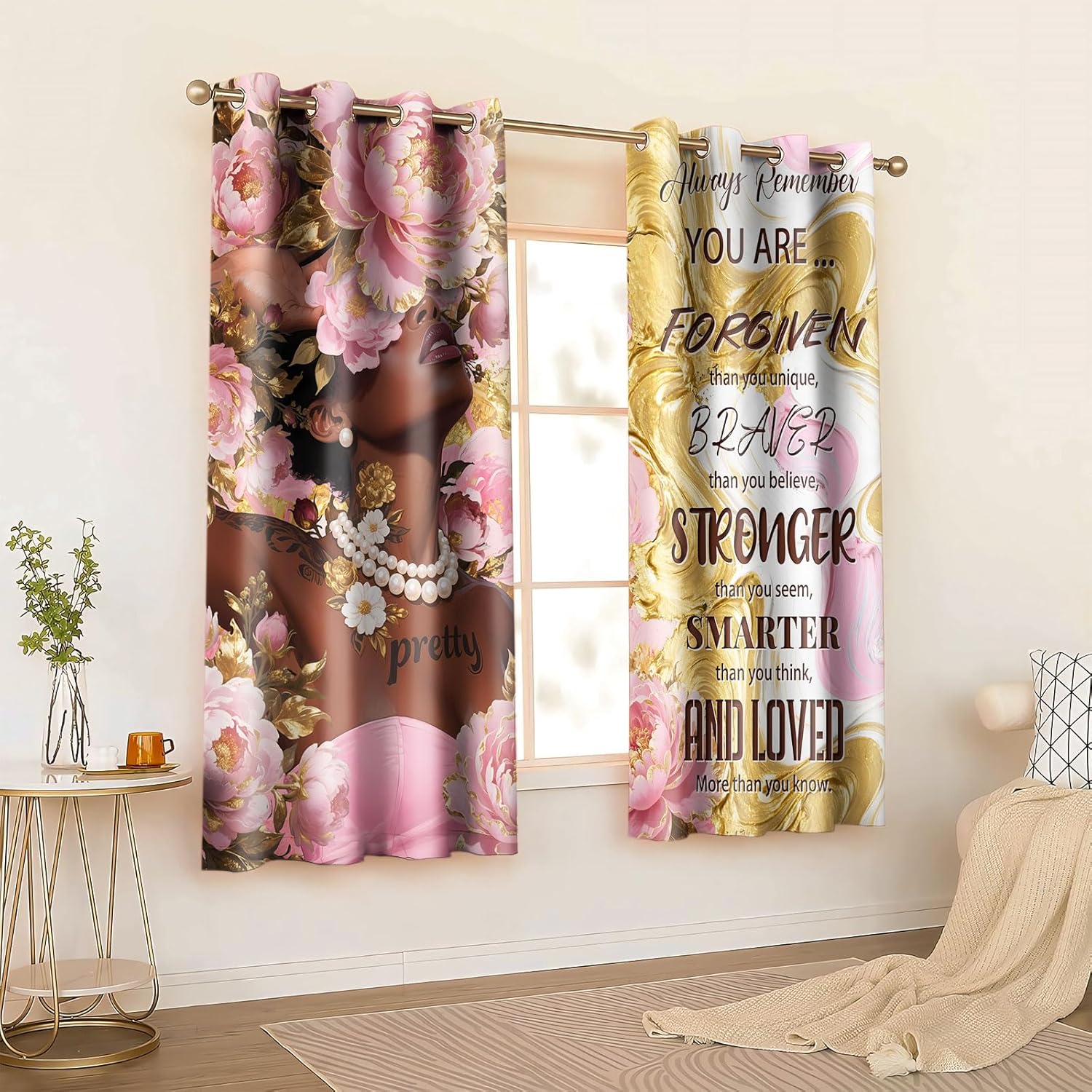 Black Woman Curtains African American Black Girl Blackout Curtain 4263inch Gorgeous Pink Gold Flower Funny Inspirational Quotes Drape for Lady Bedroom Living Room 2Panel HI056YL