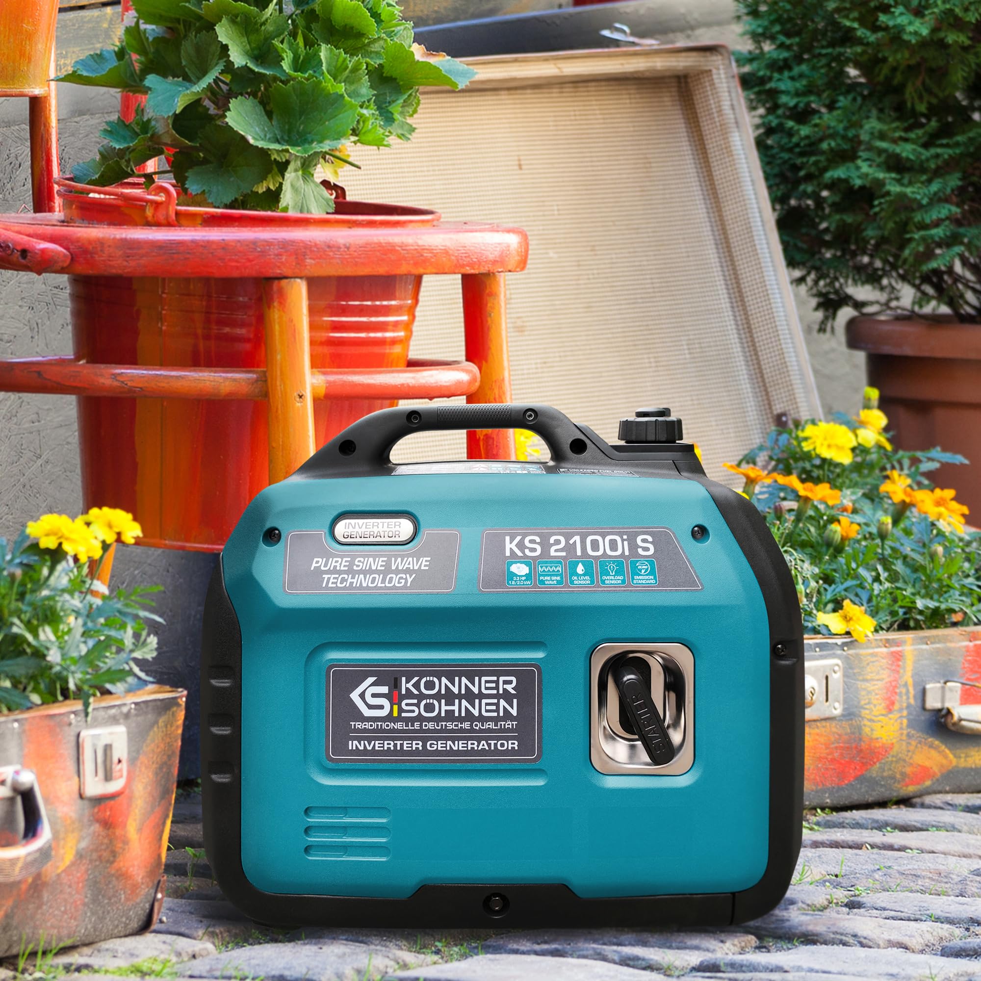Generador inverter KS 2100i S de Könner & Söhnen Generador de energía de gasolina 2000 W, enchufe Schuko de 230 V, 2 puertos USB, indicador LED, modo ECO, bobinas de cobre, EURO V