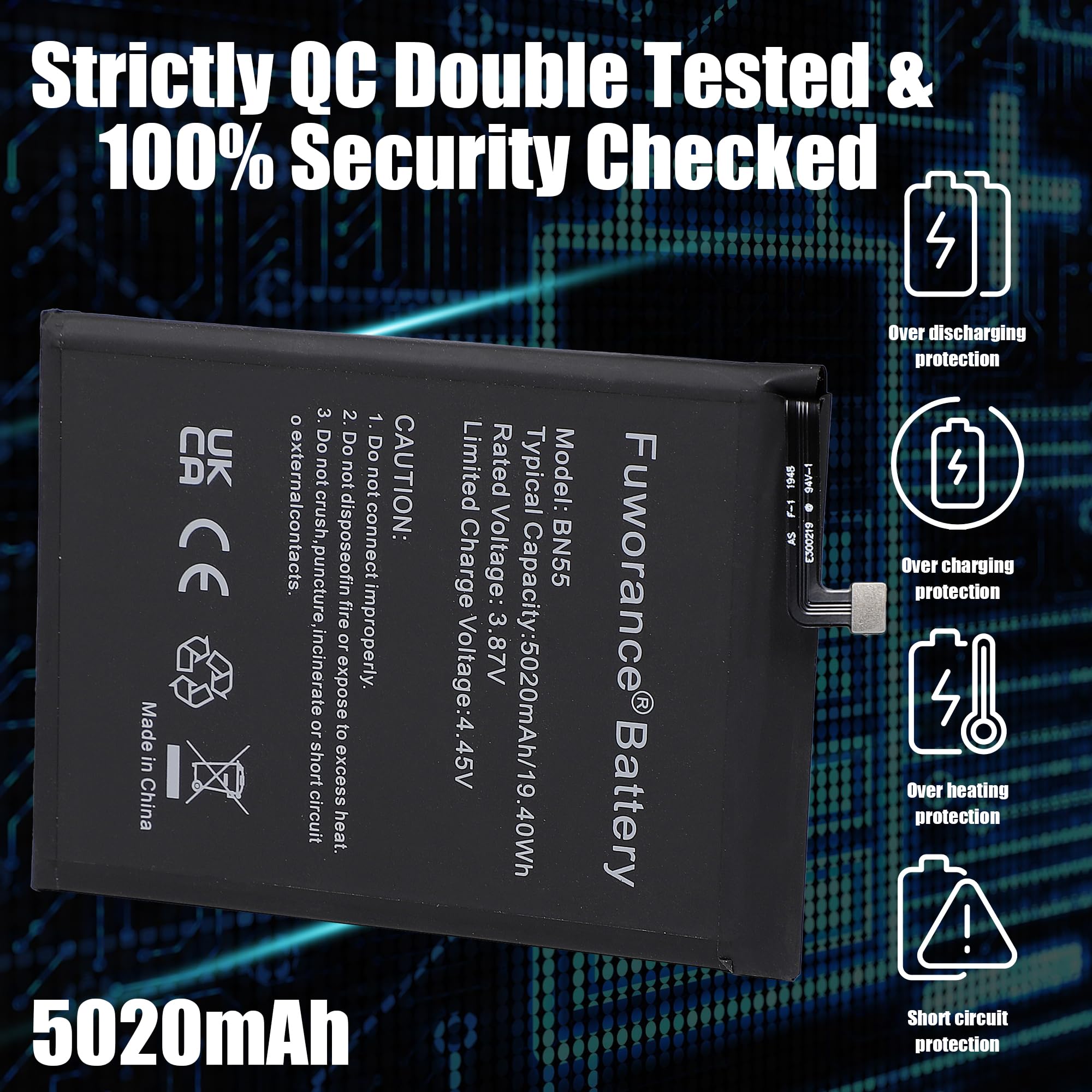 Batería para Xiaomi Redmi Note 9S M2003J6A1G (5020 mAh, 3,87 V, BN55 V) | Batería móvil li-ion de repuesto recargable de gran capacidad con kit de herramientas