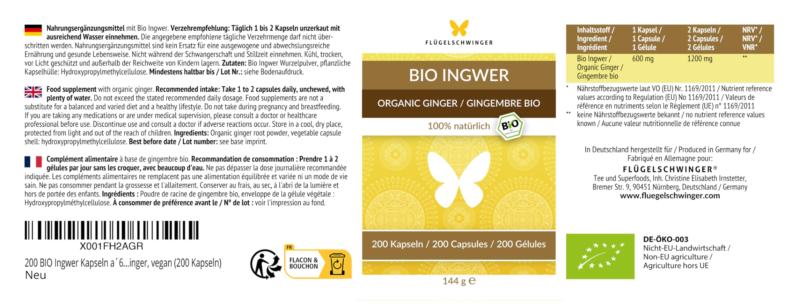 200 BIO Ingwer Kapseln a´600 mg, hochdosiert, in Deutschland hergestellt, nach EU-ÖKO-Standard kultiviert, zertifizierte Bio-Qualität, Ginger, vegan