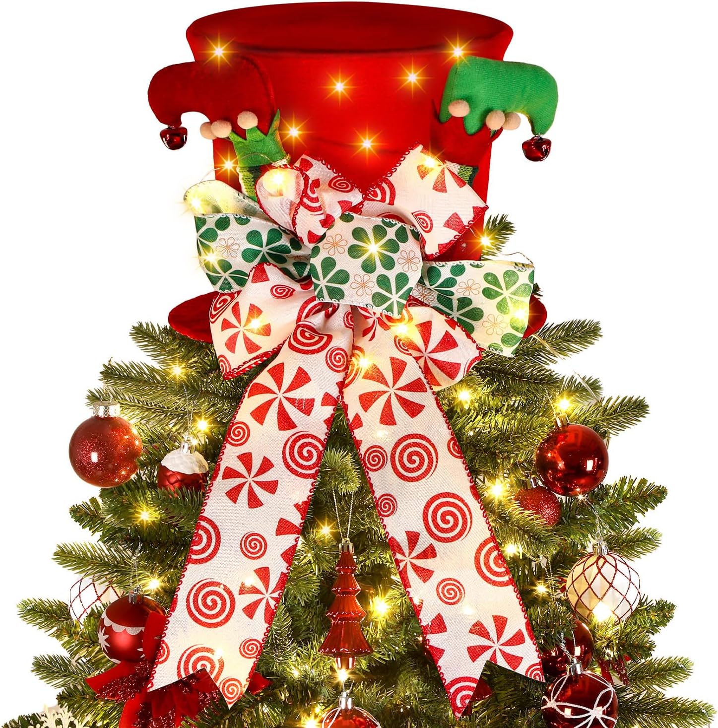 Christmas Tree Topper Hat Lighted,Large Red Velvet Hat with Elf Legs and Lengthened Bowknot, Small Bells and Light Strings,Christmas Tree and Tabletop Decorations for Holiday Home Decor
