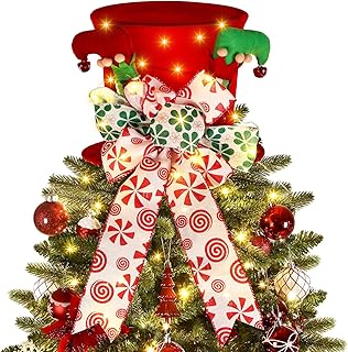 Christmas Tree Topper Hat with Warm White Lights, Retractable Foldable Red Velvet Xmas Tree Top with Large Bow, Ribbon, Bells and Elf Legs, Christmas Tree Decorations for Holiday Home Ornaments Decor