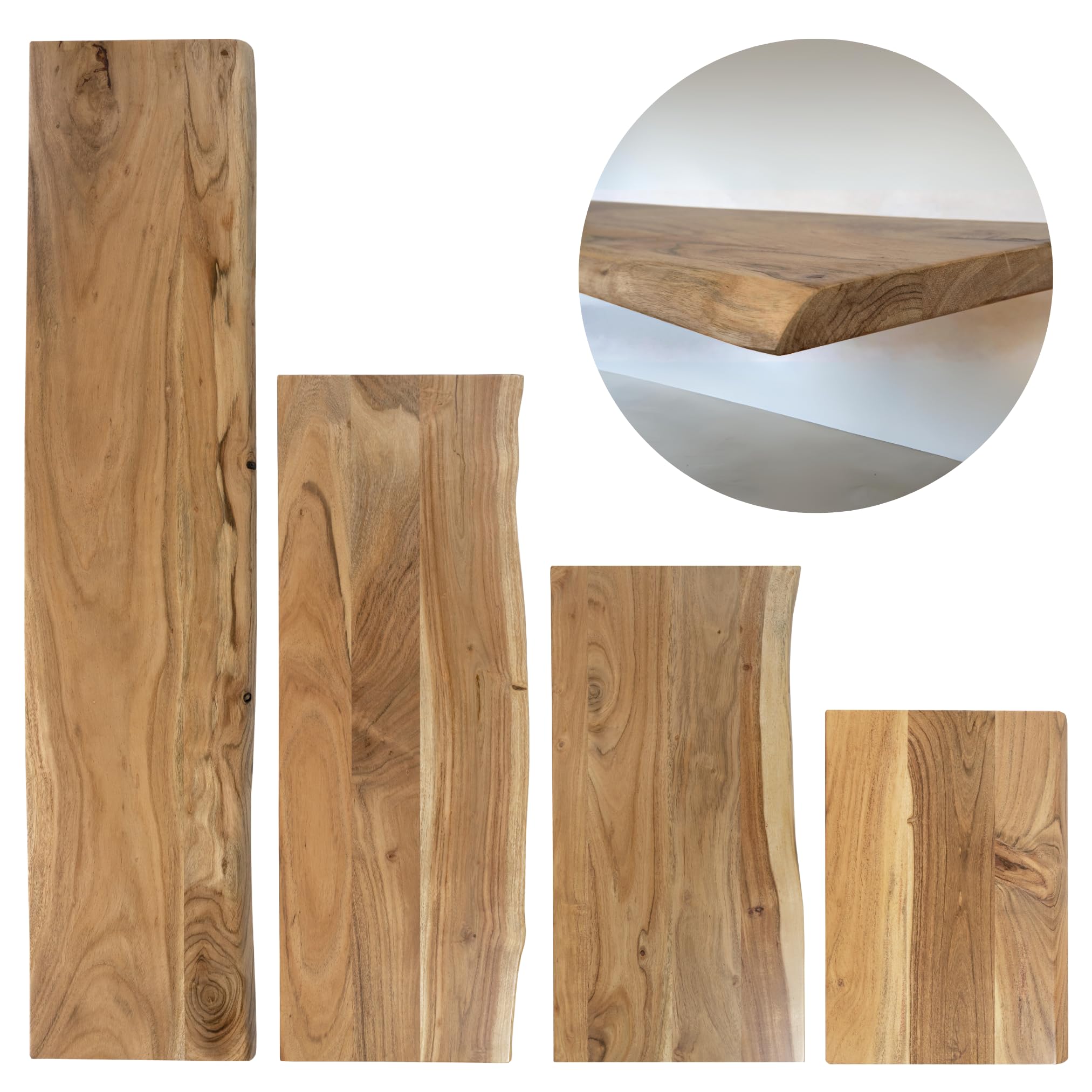 Holzplatte 120x30 cm, Akazienholz massiv 26mm, Tischplatte naturfarben, Baumkantenplatte für Regale und Rückenlehne Bank, einseitige Baumkante
