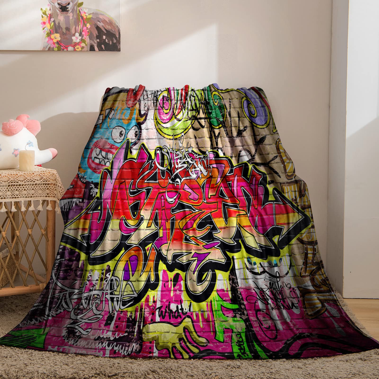 YUANZU Graffiti Blanket Throw, Kids Colorful Hip Hop Hippie Doodle Urban Pattern Soft Cozy Flannel Baby Blanket, Warm Lightweight Plush Throw Couch Sofa Bed Cover, Gifts for Nursery Baby 60x80 inch