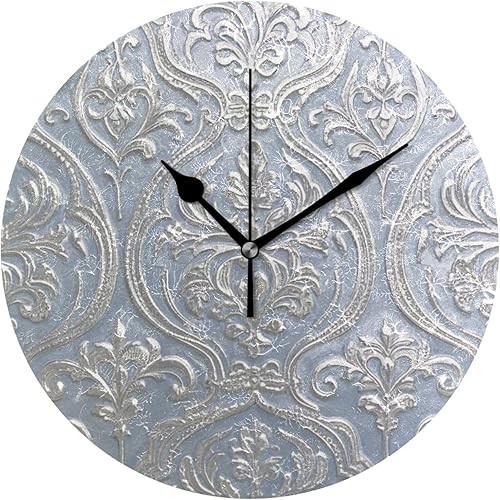 Bohemia Retro Moda Floral Paisley Plata Blanco 10 Pulgadas Reloj de pared redondo Dormitorio Dormitorio Decorativo No Ticking Interior para Baño