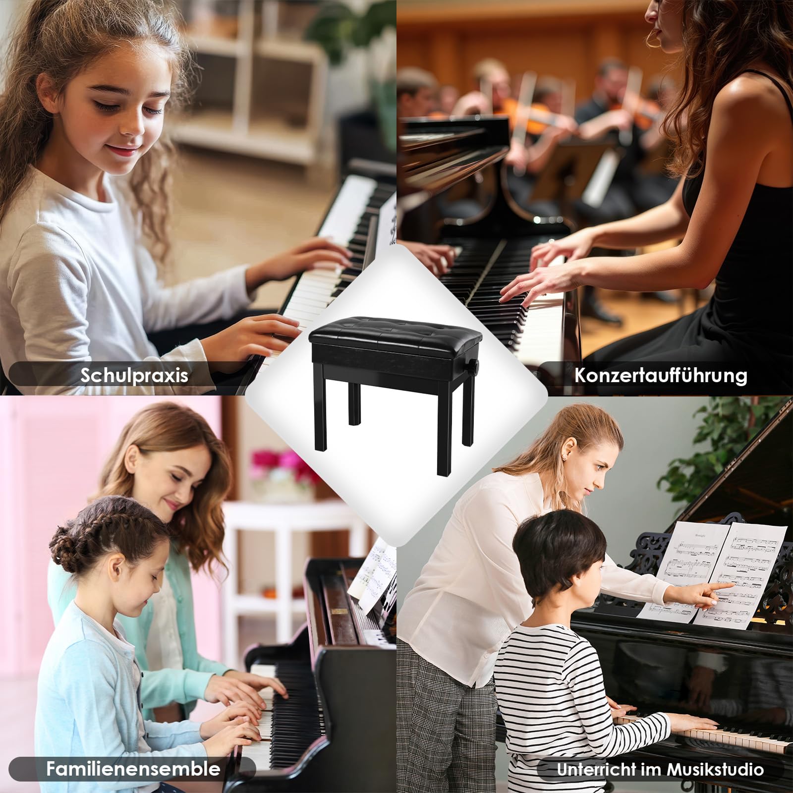 MAMIZO Sgabello Pianoforte Regolabile in Altezza 48-58 CM, Panca Pianoforte | Sgabello Pianoforte con Spazio di Archiviazione, 4PCS Gambe in Legno Massello Sgabello Tastiera, Max 150KG, Nero