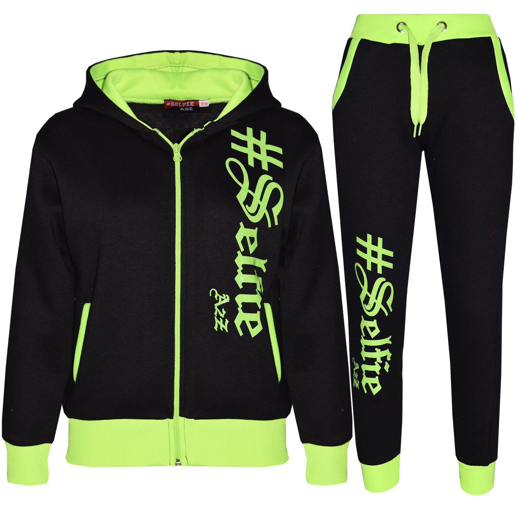 A2z 4 Kids Black & Neon Green #Selfie Tracksuit Hoodie With Jogger Sweatpants Sports Casual - T.s Selfie 002 Black Neon Green 5-6