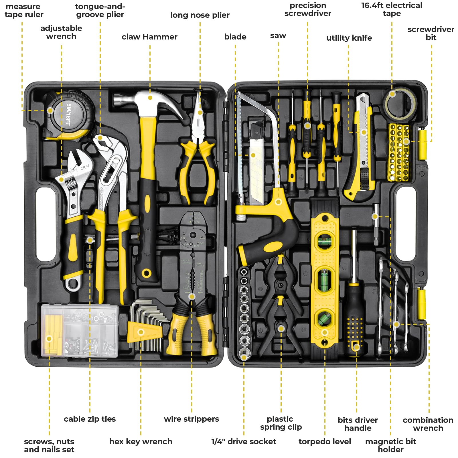 TLGREEN Malette à Outils Complete 218 Pièces, Boite a Outils Portable | Caisse à Outils avec Tournevis Clé à Molette Pince Multiprise Marteau et Scie, Coffret à Outils pour Maison Garage（jaune）