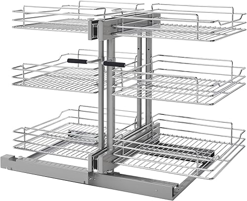 Rev-A-Shelf Organizador de estante extraíble de 3 niveles para gabinetes de cocina y baño de esquina ciega con cierre suave, estantes ajustables de