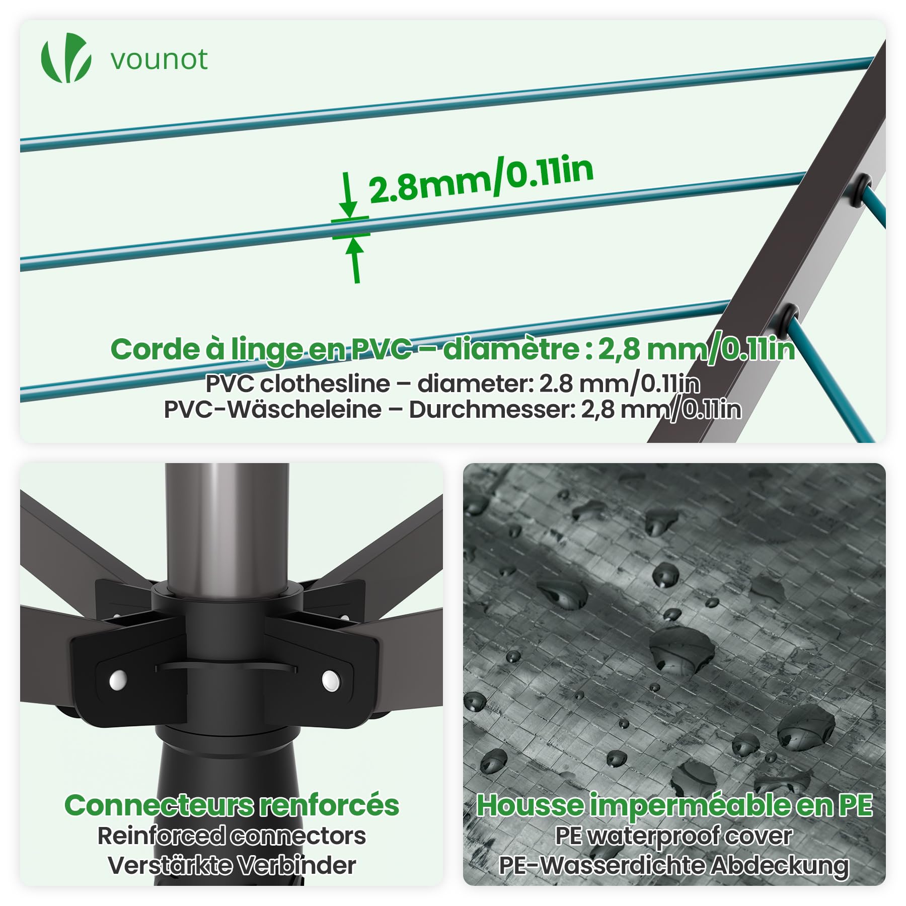 VOUNOT® Wäschespinne Draußen, Klappbarer Wäscheständer 4-stufig höhenverstellbar, Wäscheschirm mit 50m Wäscheleine inkl. Bodenhülse und Schutzhülle, Grau-Blau