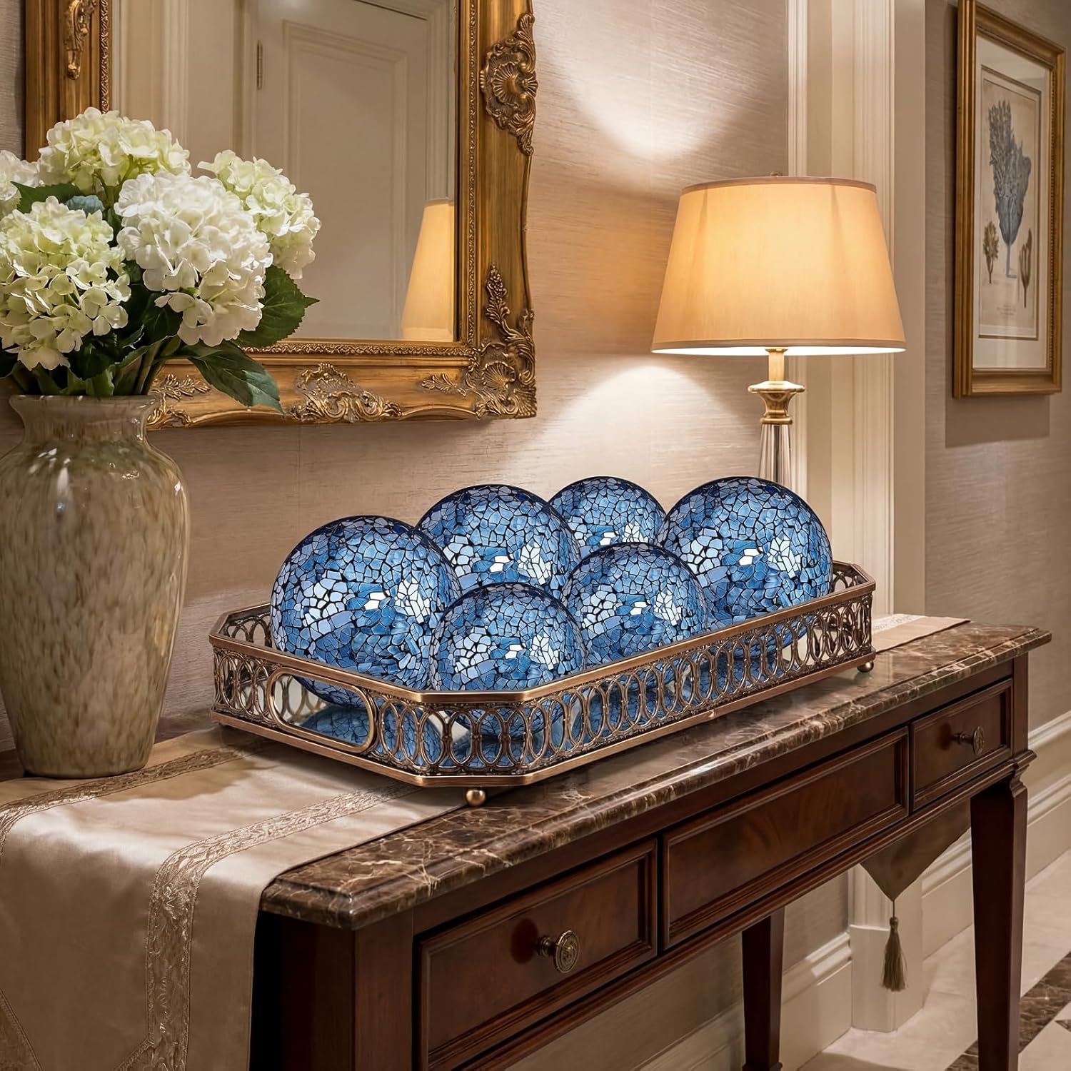 Qinyoung Blue 8 Pcs Decorative Ball for Bowls, 3'' 4'' Glass Mosaic Sphere Decorative Orbs for Centerpiece Bowls Vase Fillers, Wedding, Party, Coffee Table & Home Decor
