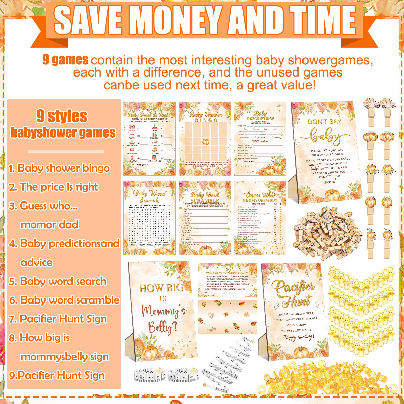 Sherr 476 Aquarell-Kürbis-Babyparty-Spiele, 6 Sets, Aktivitätskarten, Schnuller, Jagdspiel, 50 Schnuller, How Big Is Mommy's Belly Schild, 50 Ratekarten, 2 Maßbänder, "Don't Say Baby", 50