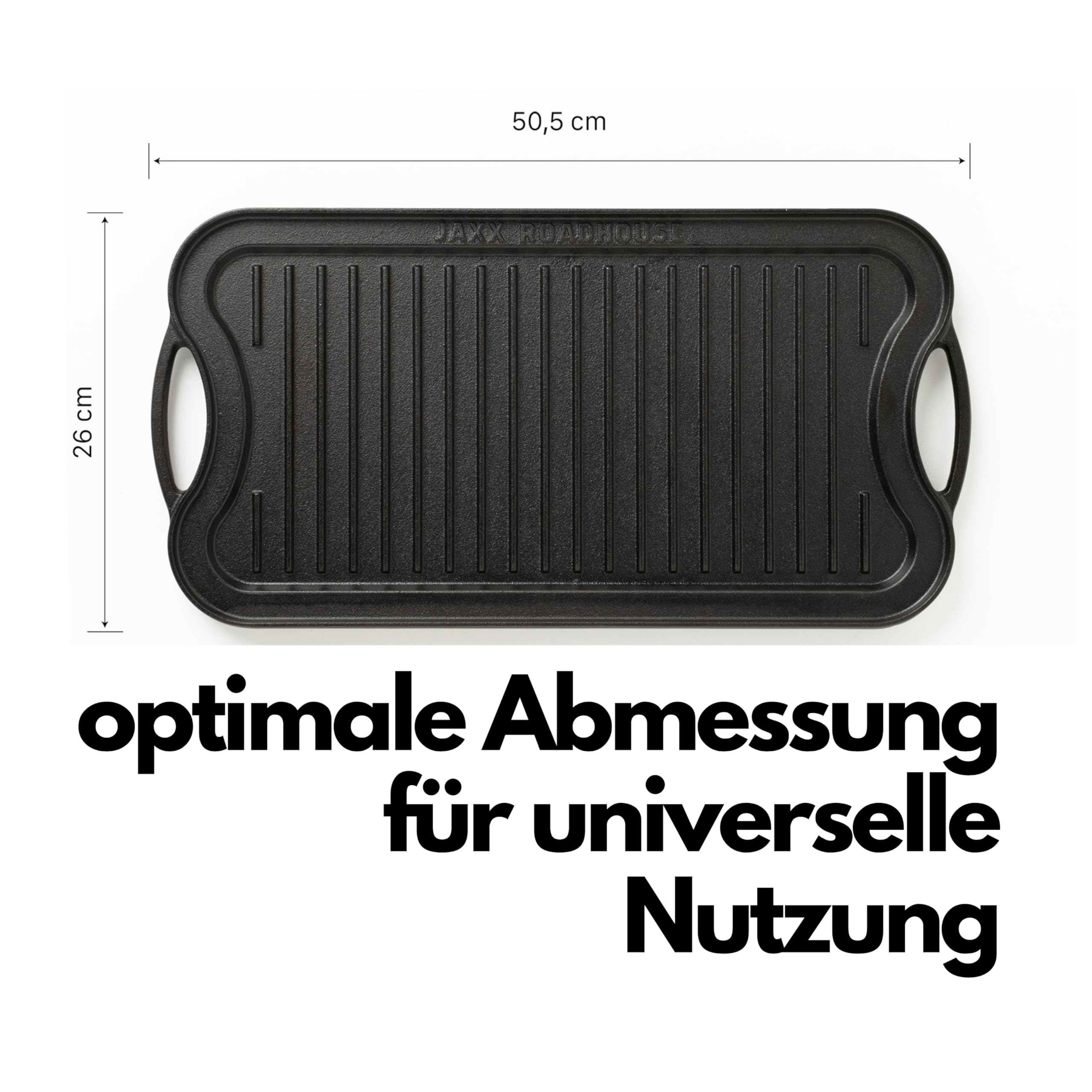 JAXX ROADHOUSE Gusseisen Grillplatte | Gussplatte zum Aufsetzen auf Holzkohlegrill/Gasgrill sowie Ofen und Herd | Plancha, Teppanyaki, Burger, Gemüse | 50,5x26x2,5cm