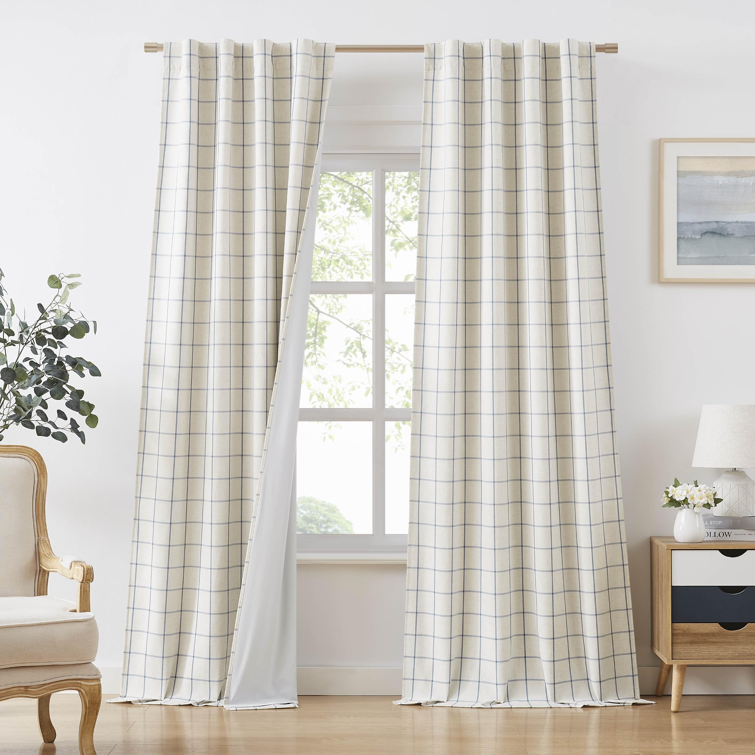 Bapawfish Plaid Full Blackout Curtains 95 Inch,Dusty Blue on Beige,Bedroom