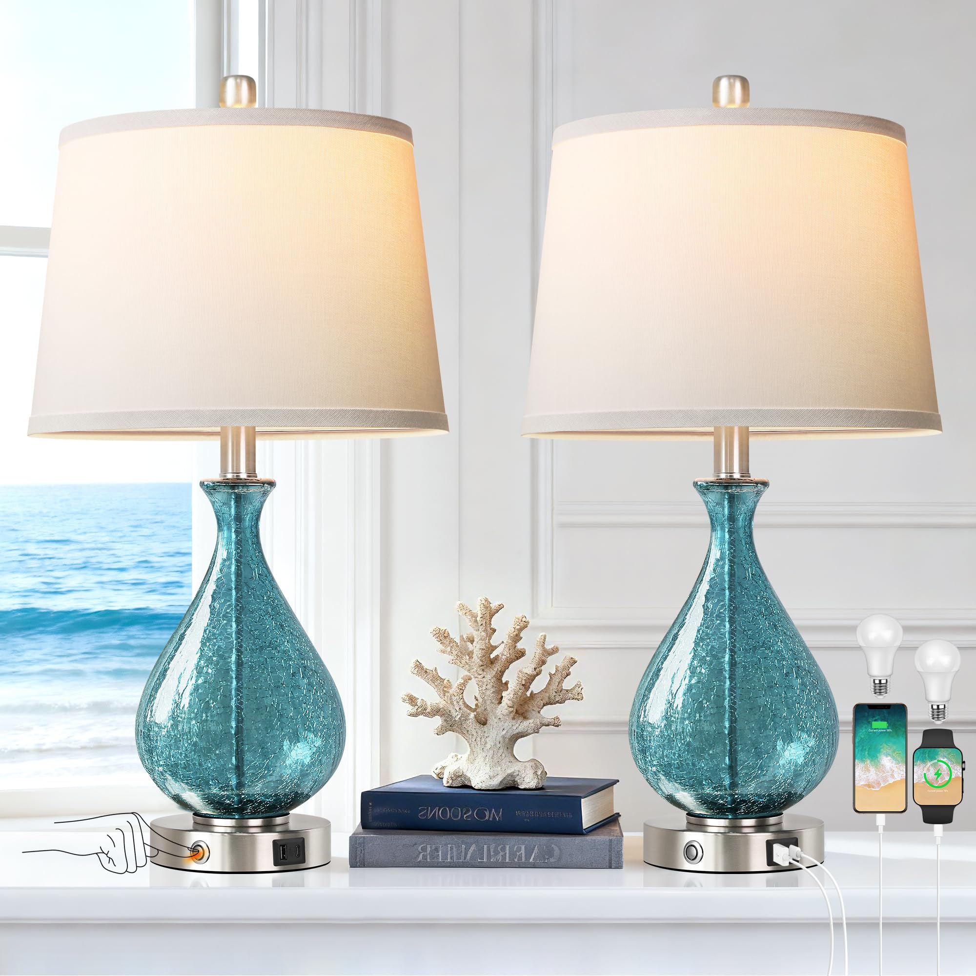 QiMH Lámpara de mesa de cristal para sala de estar, dormitorio, juego de 2, luz LED de control táctil de 22.5 pulgadas, azul de 3 vías, regulables, modernas, con pantalla de tela blanca para
