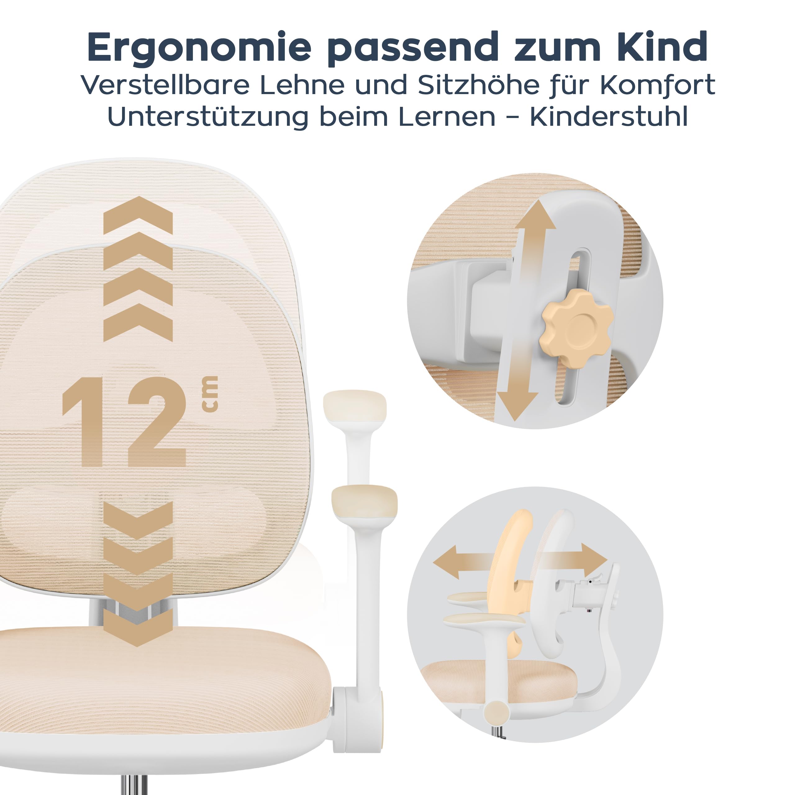 MARK ADLER Junior 3.6 Ergonomischer Schreibtischstuhl für Kinder - Beige | Mitwachsender Drehstuhl 90-160 cm - Höhenverstellbar - Mit Fußstütze - Klappbare Armlehnen 0-90°