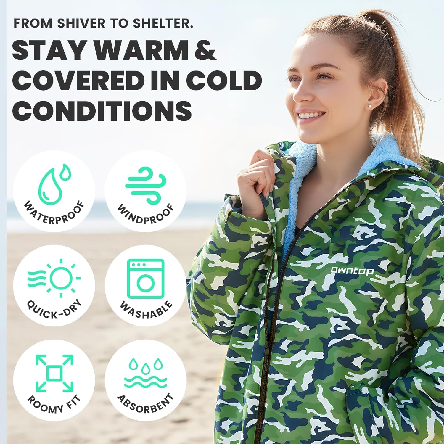 Owntop Swim Parka Kids Adult | Waterproof & Sherpa Lining | Velcro Arm Patch | Oversized Hooded Surf Poncho Changing Robe - Image 3