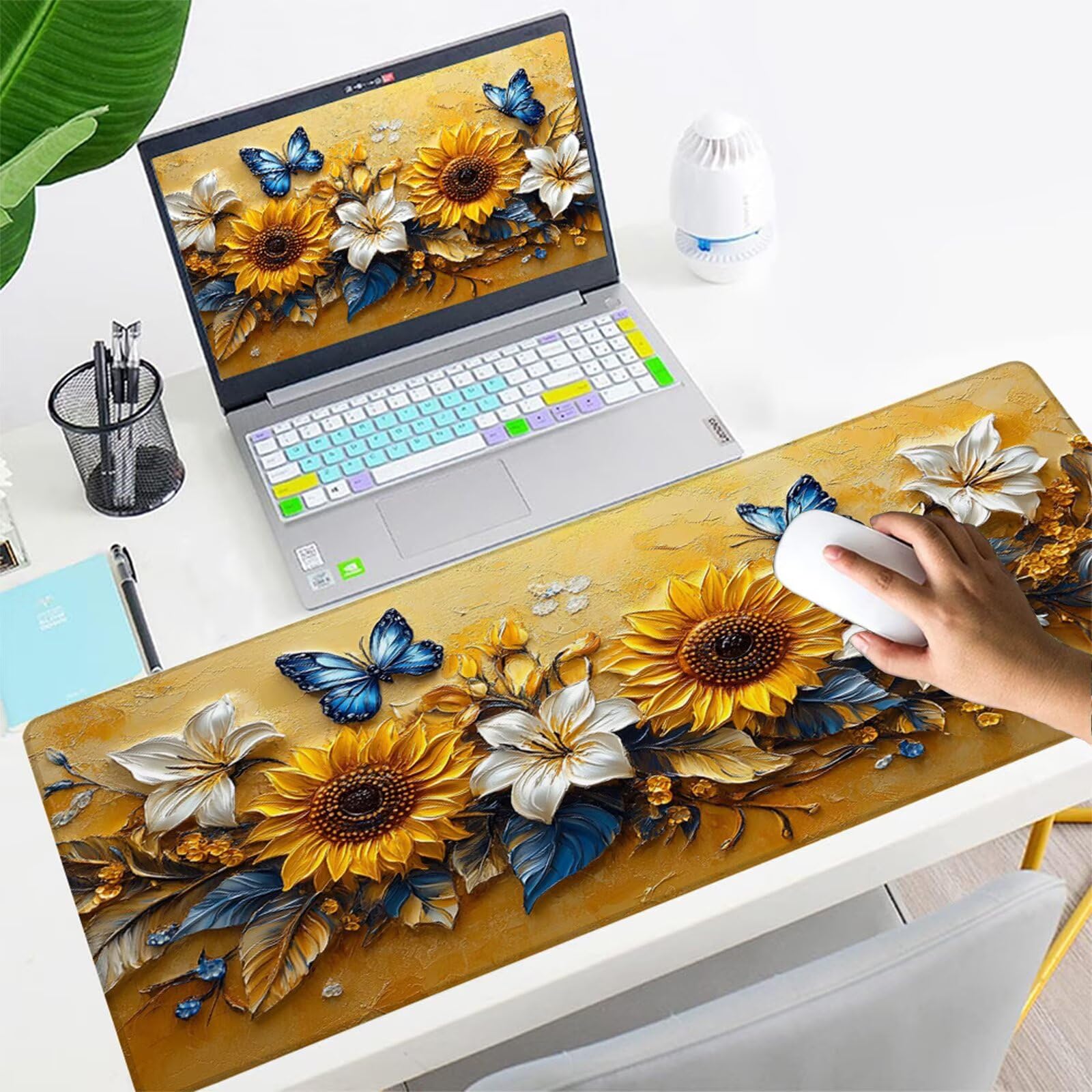 Gamingowa podkładka pod mysz XXL, 1200 x 600 mm, słonecznik, lilia, podkładka na biurko z antypoślizgową gumową podstawą, szyte krawędzie, poprawia prędkość, precyzja, akcesoria gamingowe X1-348