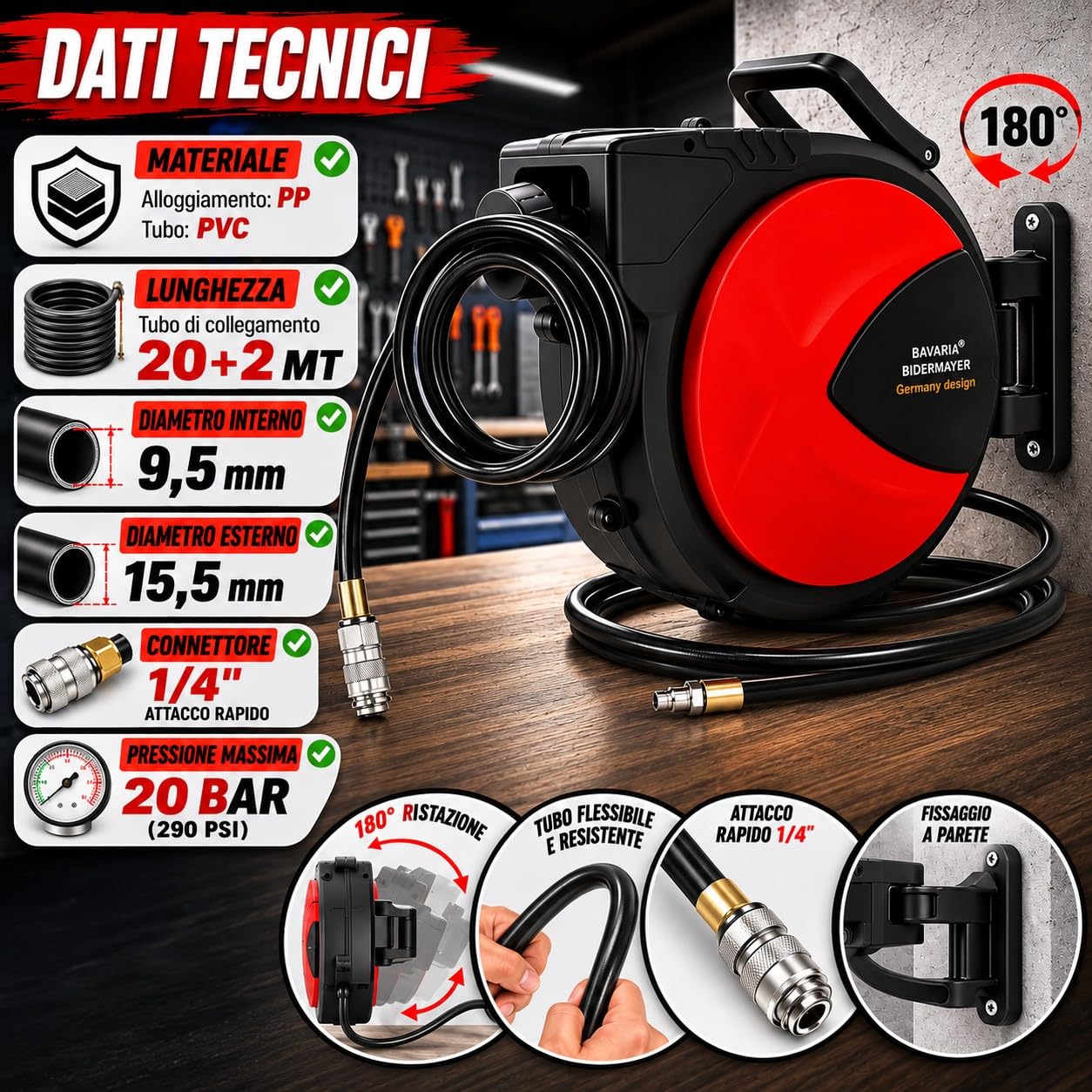 Avvolgitubo Aria Compressa Automatico 20+2 Metri 20 Bar 290 PSI Attacco Rapido 1/4" Avvolgitore Tubo Compressore Orientabile 180° da Parete per Officina Garage
