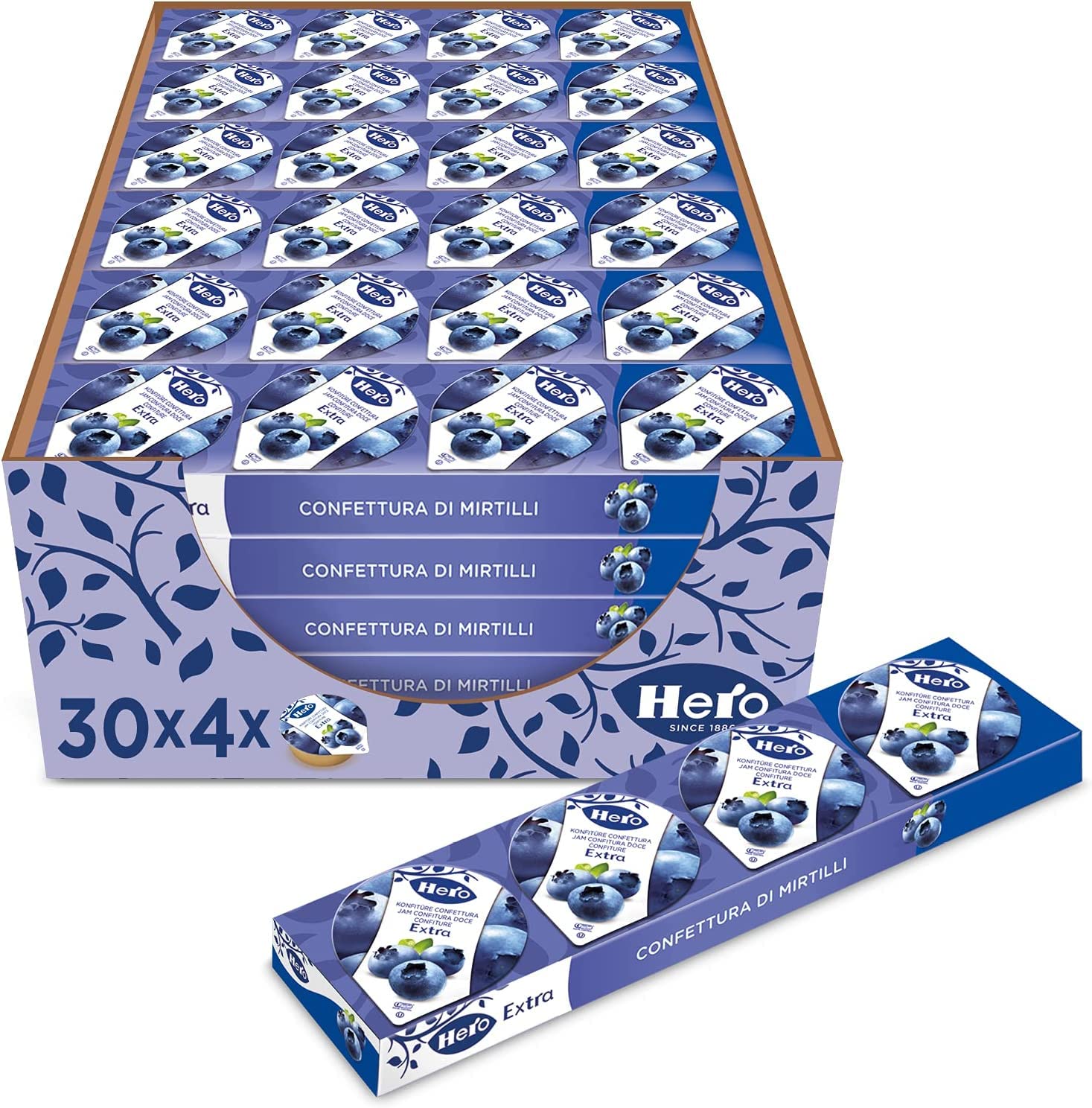 Hero Poker Mermelada de arándanos, 30 paquetes de 100 g (4 latas individuales x 25 g), mermelada y mermelada, fruta de alta calidad, sin conservantes y sin colorantes