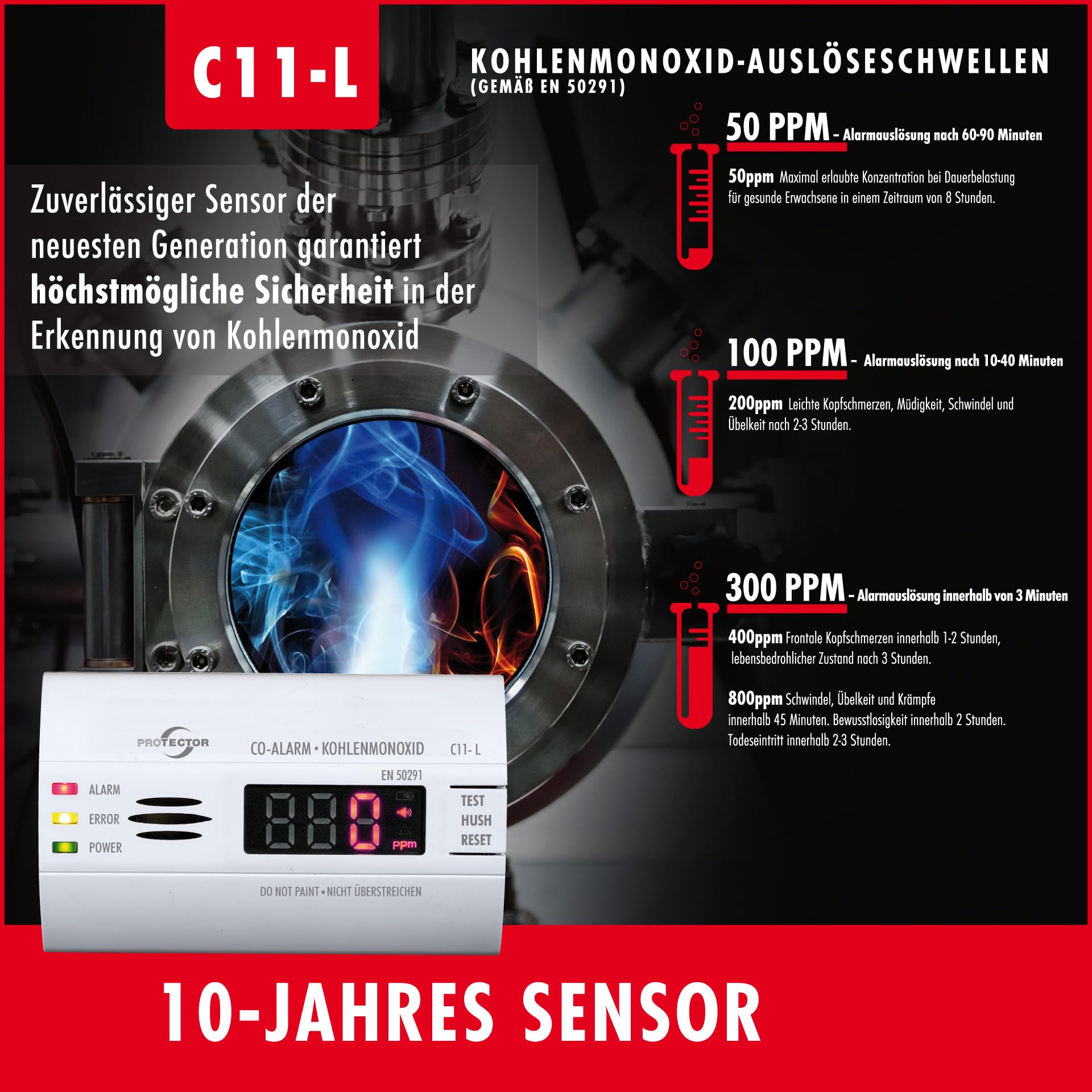 Produktbild von Protector CO-300F CO-Melder Batteriebetrieben – Mit FIGARO-Sensor (8 Jahre Lebensdauer) & Beleuchtetem Display | 85 DB Alarm, Für Wohnwagen, Wohnmobil & Zuhause | 3x AA Batterien Benötigt