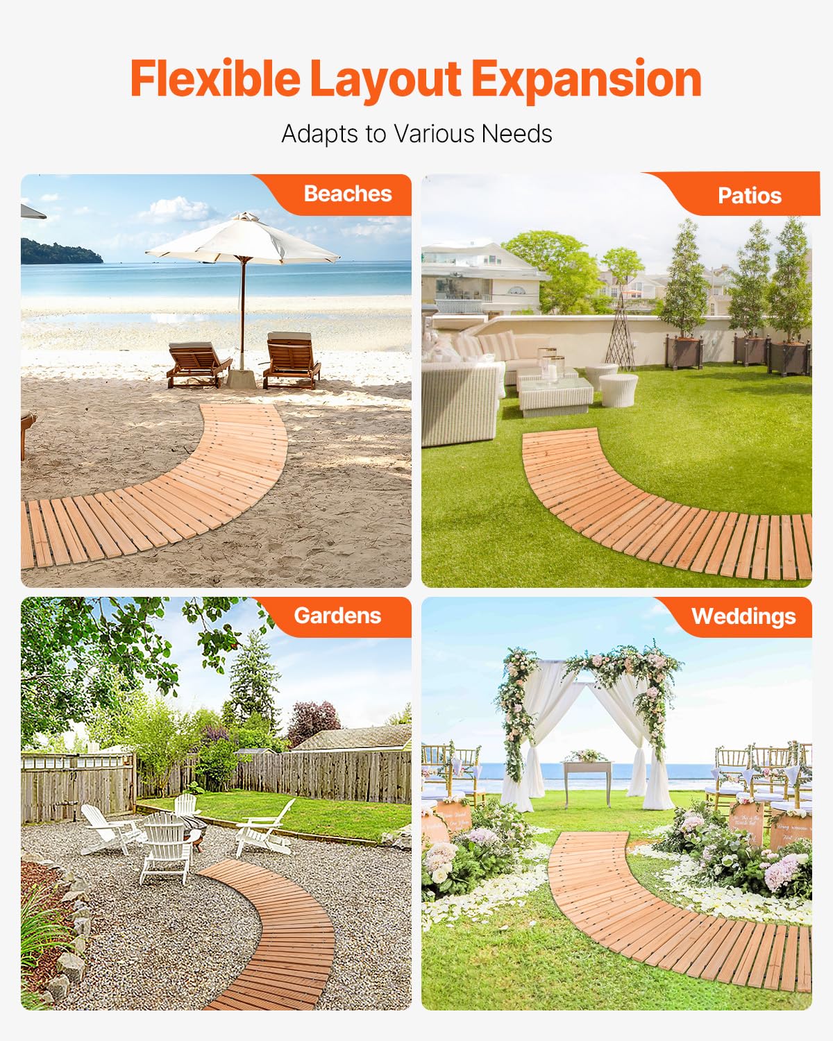 VEVOR Chemin de Jardin en Bois, 253x43 cm, Allée de Jardin Incurvée Déroulante Antidérapante Décorative en Cèdre avec Connexion par Câble Métallique, pour Fêtes, Mariages, Cour, Terrasse, Extérieur